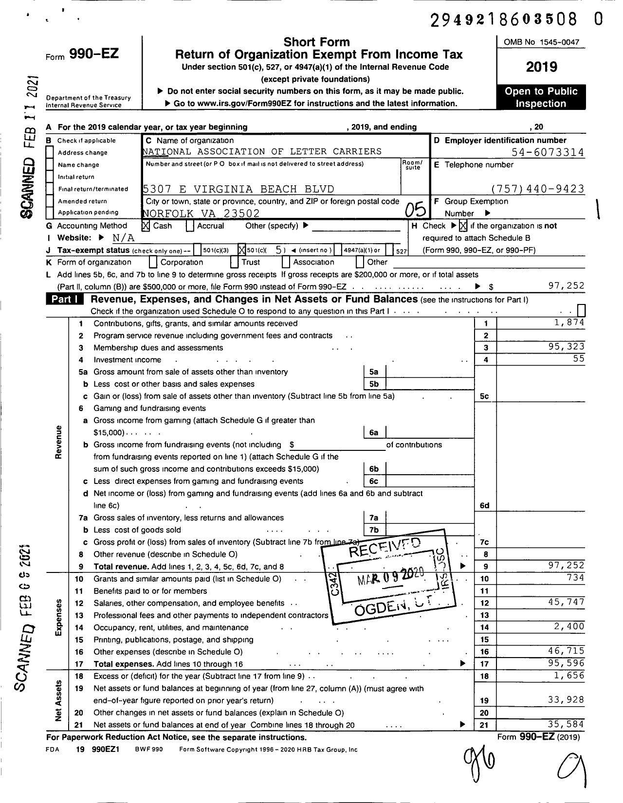 Image of first page of 2019 Form 990O for National Association of Letter Carriers - Branch 456 Norfolk Virginia