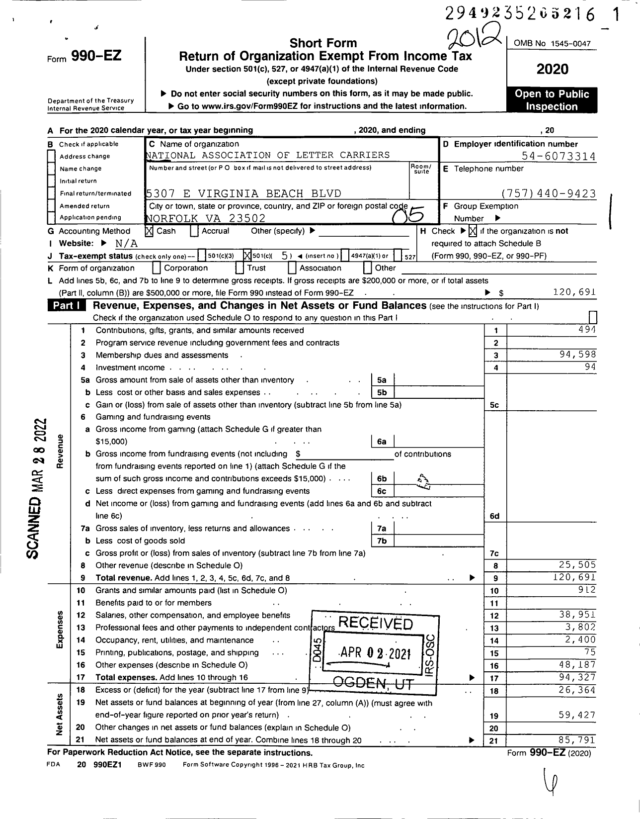 Image of first page of 2020 Form 990EO for National Association of Letter Carriers - Branch 456 Norfolk Virginia