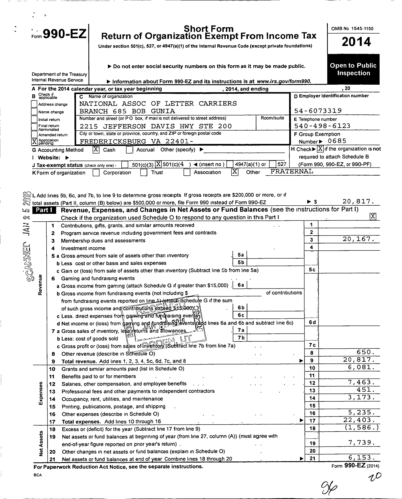 Image of first page of 2014 Form 990EO for Fredericksburg Letter Carriers AFL CIO Branch 685 of the National