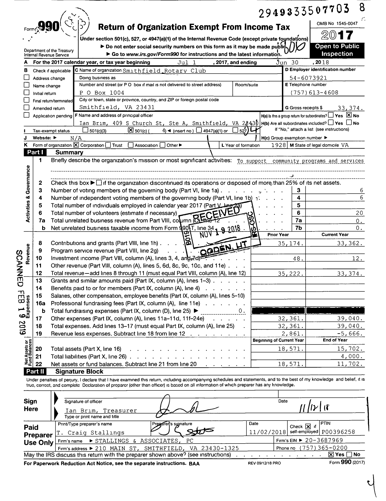 Image of first page of 2017 Form 990O for Rotary International - Smithfield Club