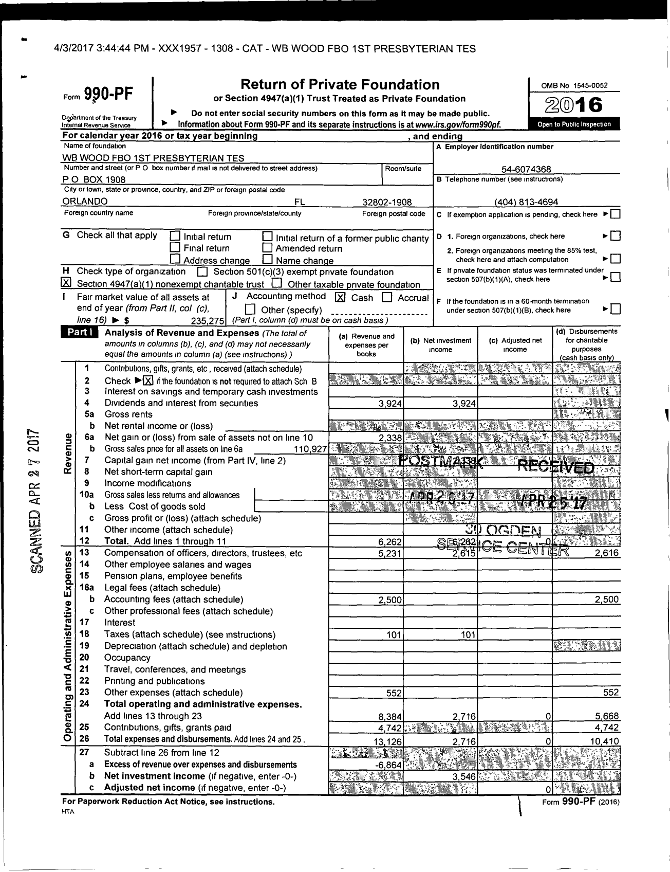 Image of first page of 2016 Form 990PF for WB B Wood Fbo First Presby Tes Trust