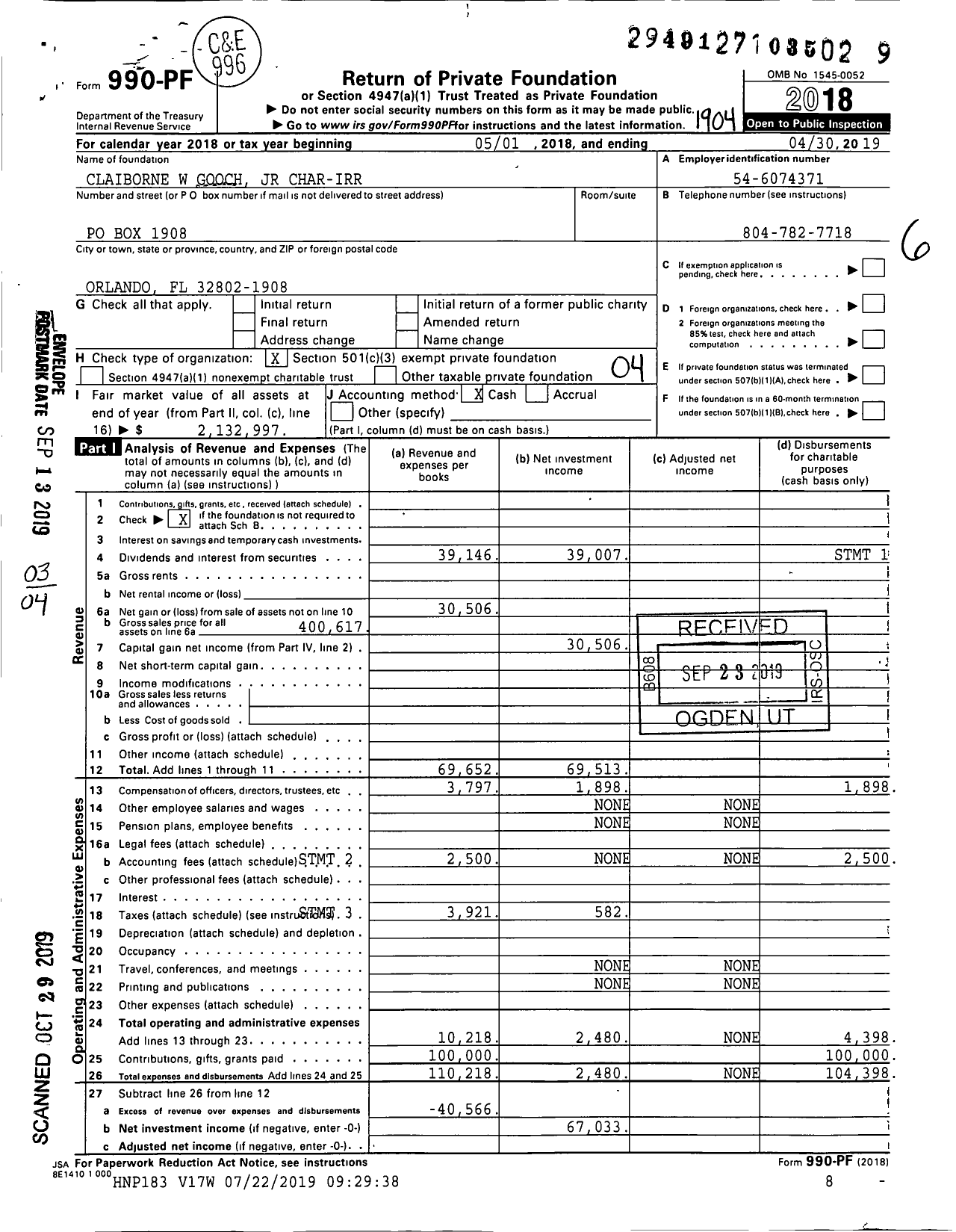Image of first page of 2018 Form 990PF for Claiborne W Gooch JR Char-Irr
