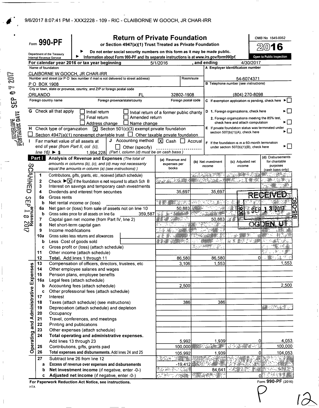 Image of first page of 2016 Form 990PF for Claiborne W Gooch JR Char-Irr