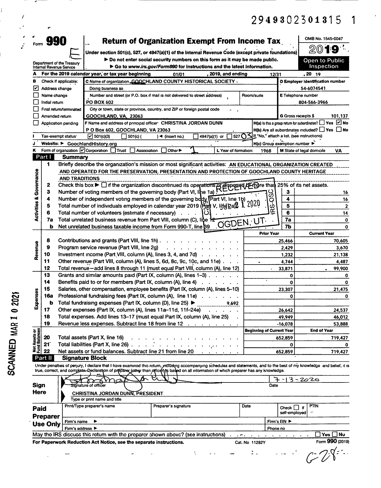 Image of first page of 2019 Form 990 for Goochland County Historical Society