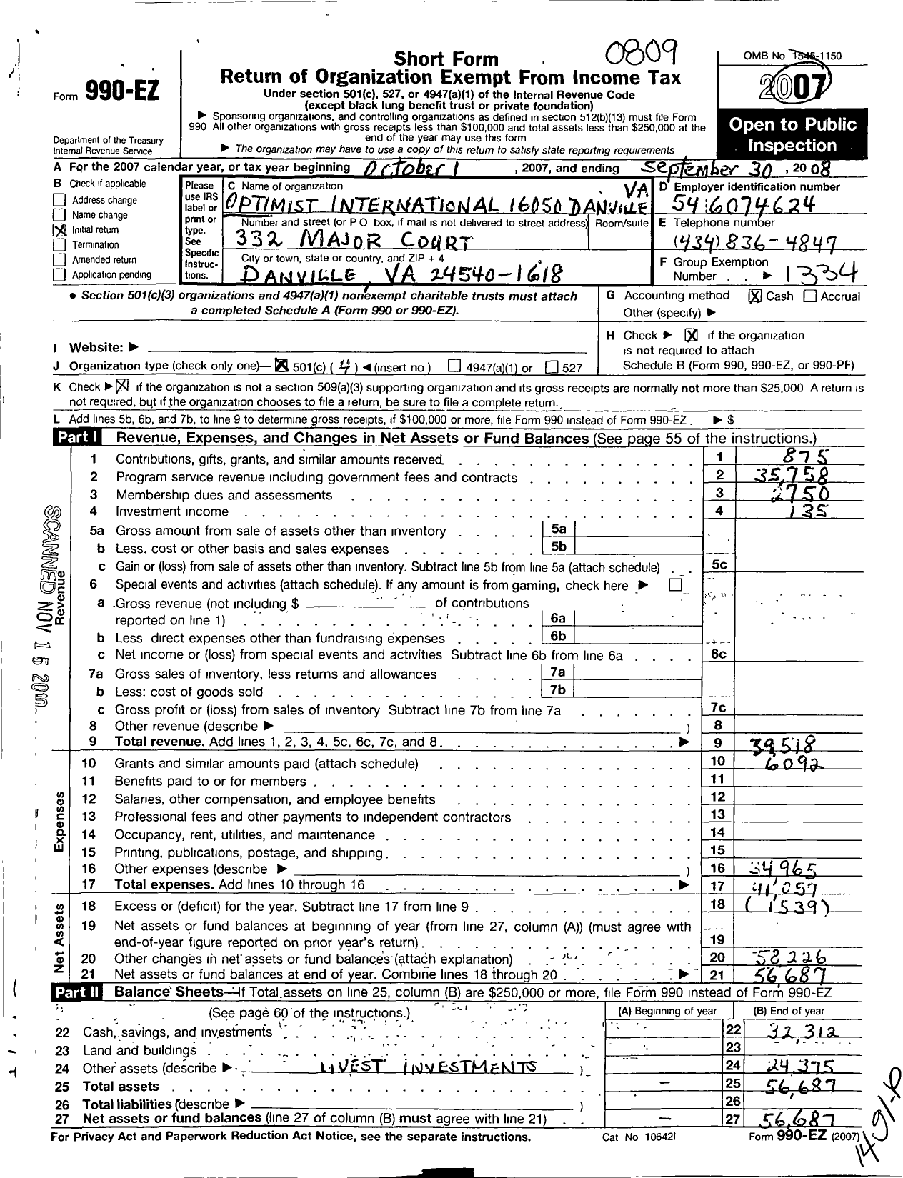 Image of first page of 2007 Form 990EO for Optimist International - 16050 Oc of Danville Va