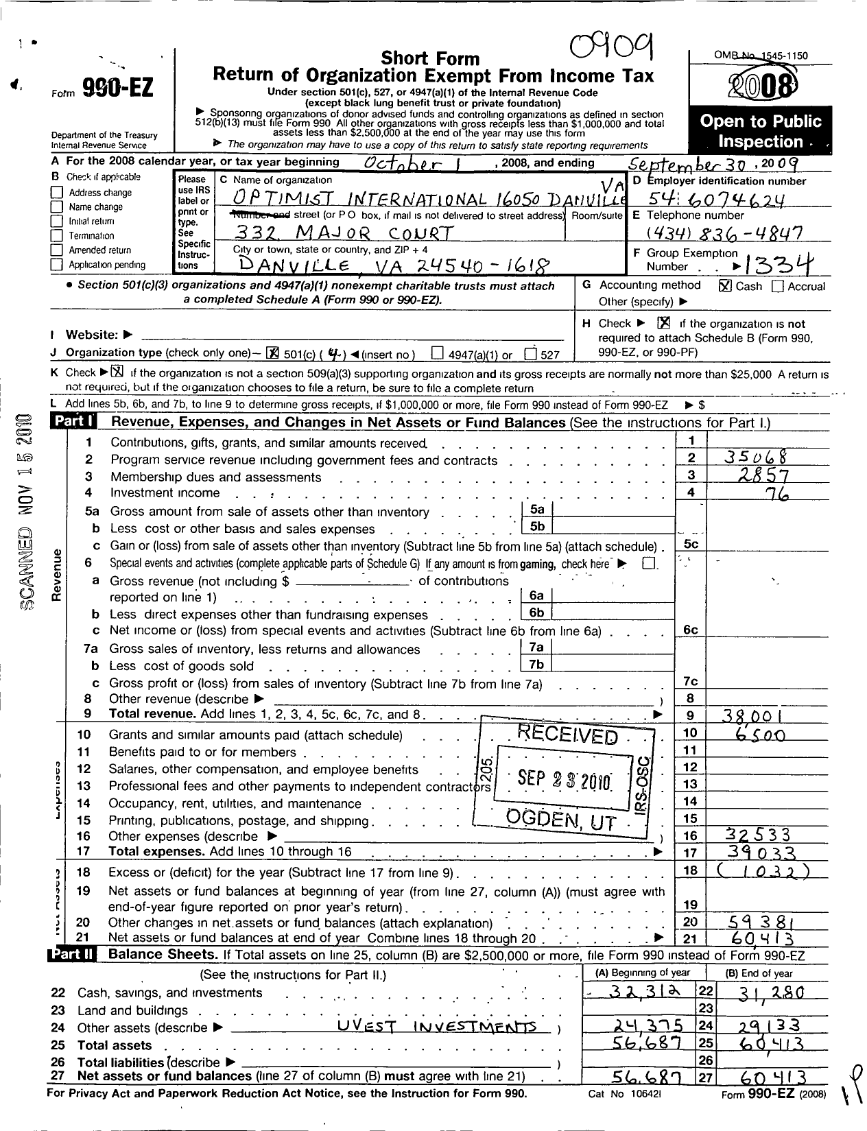 Image of first page of 2008 Form 990EO for Optimist International - 16050 Oc of Danville Va