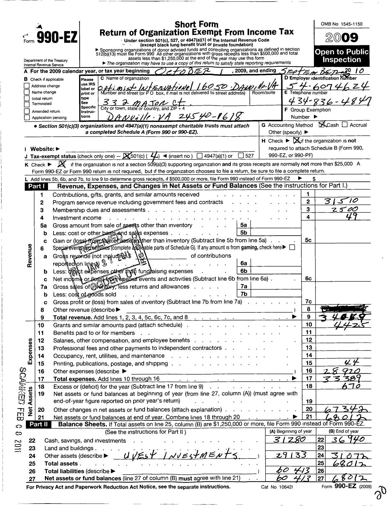 Image of first page of 2009 Form 990EO for Optimist International - 16050 Oc of Danville Va