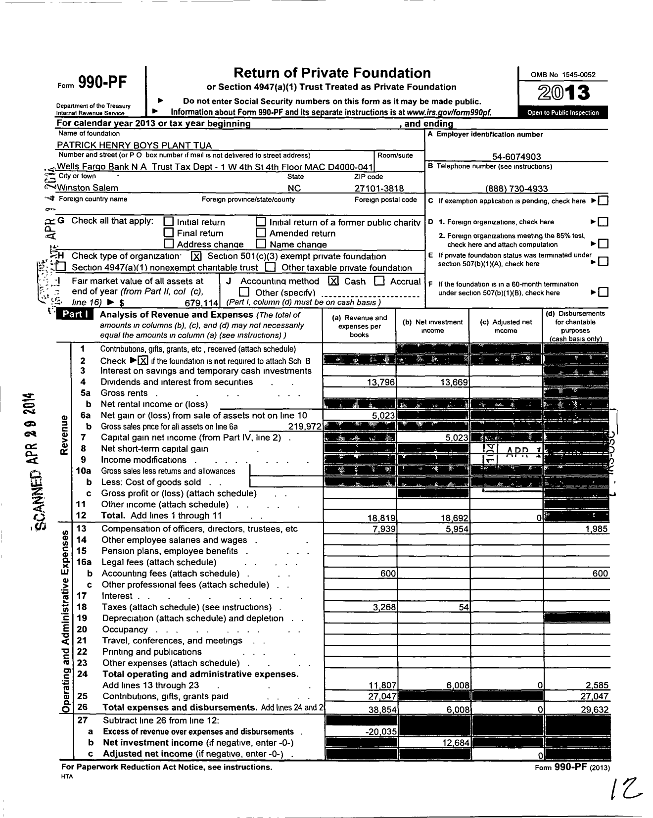 Image of first page of 2013 Form 990PF for Patrick Henry Boys Plant Tua