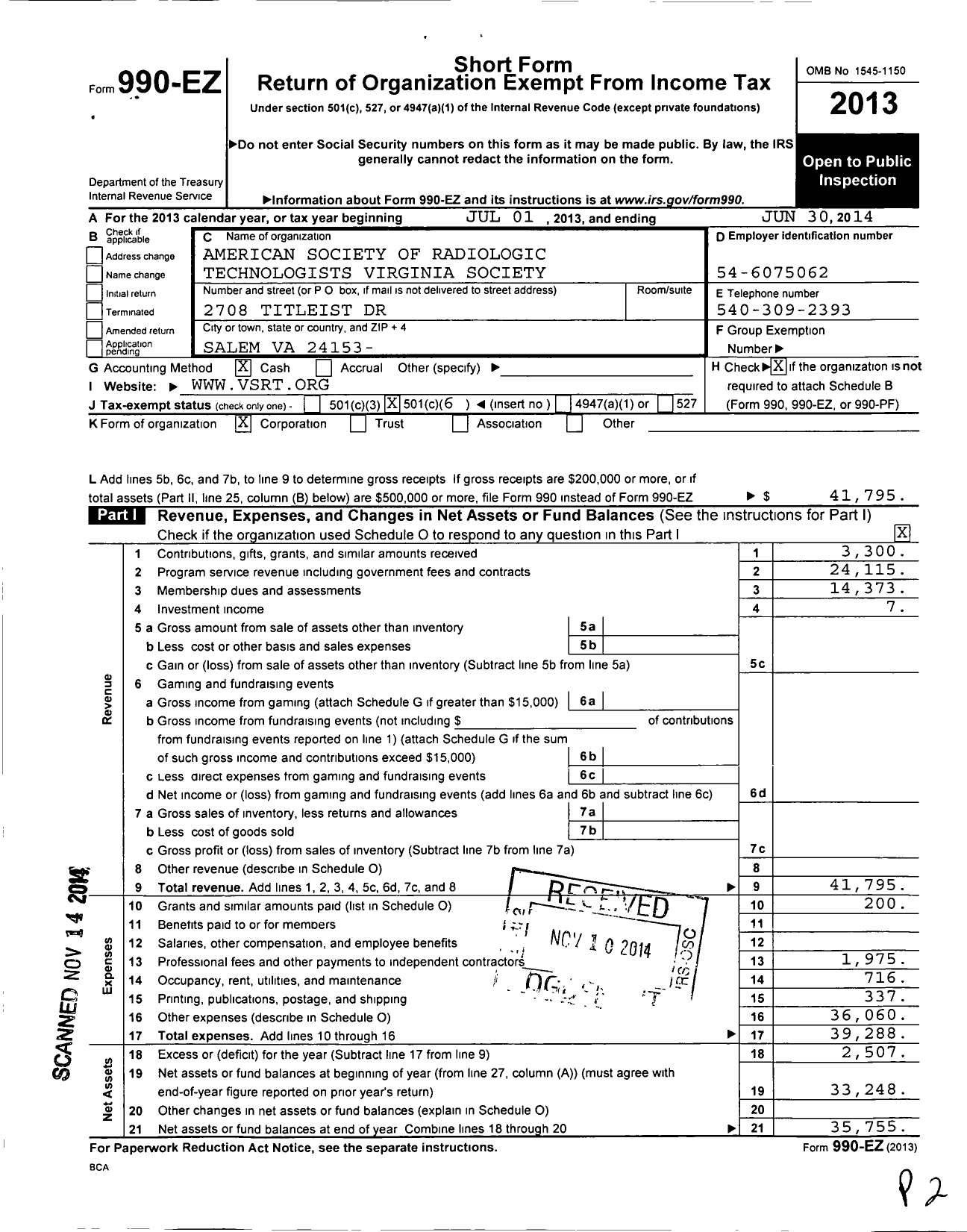 Image of first page of 2013 Form 990EO for American Society of Radiologic Technologists / Virginia Society