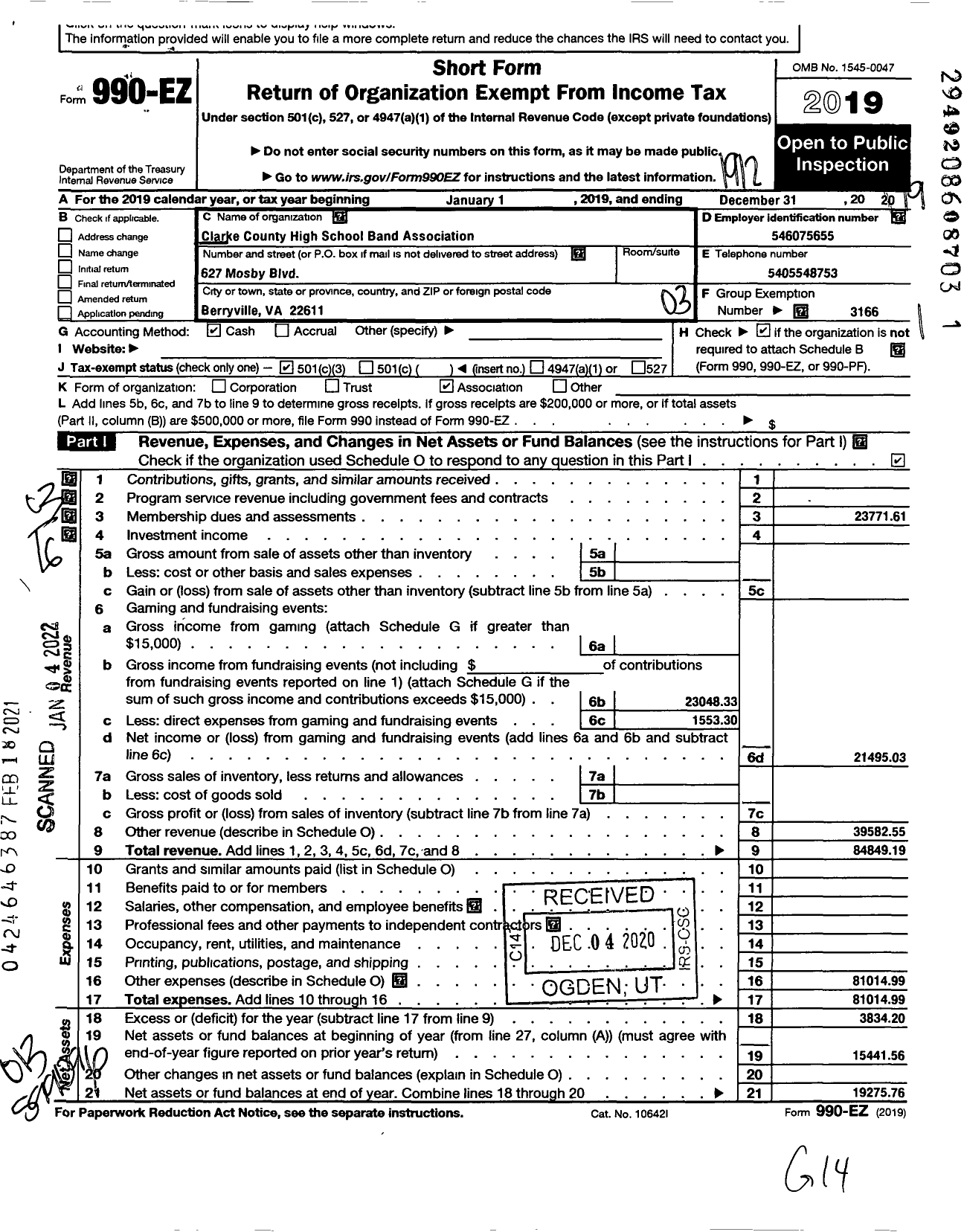 Image of first page of 2019 Form 990EZ for Clarke County Band Association