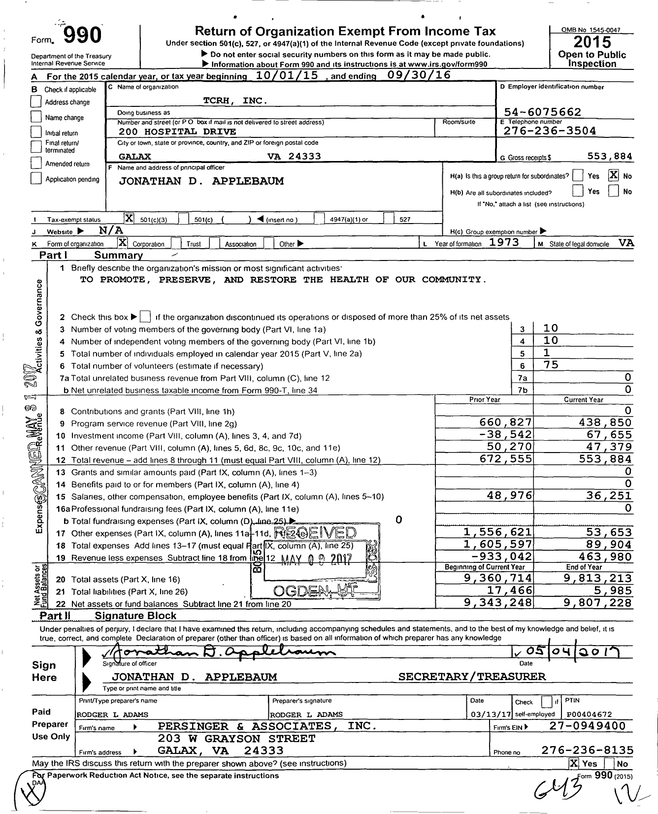 Image of first page of 2015 Form 990 for TCRH