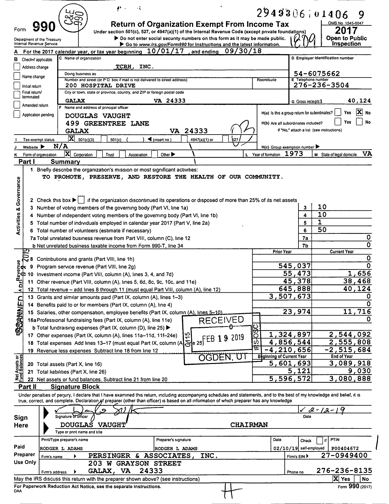 Image of first page of 2017 Form 990 for TCRH