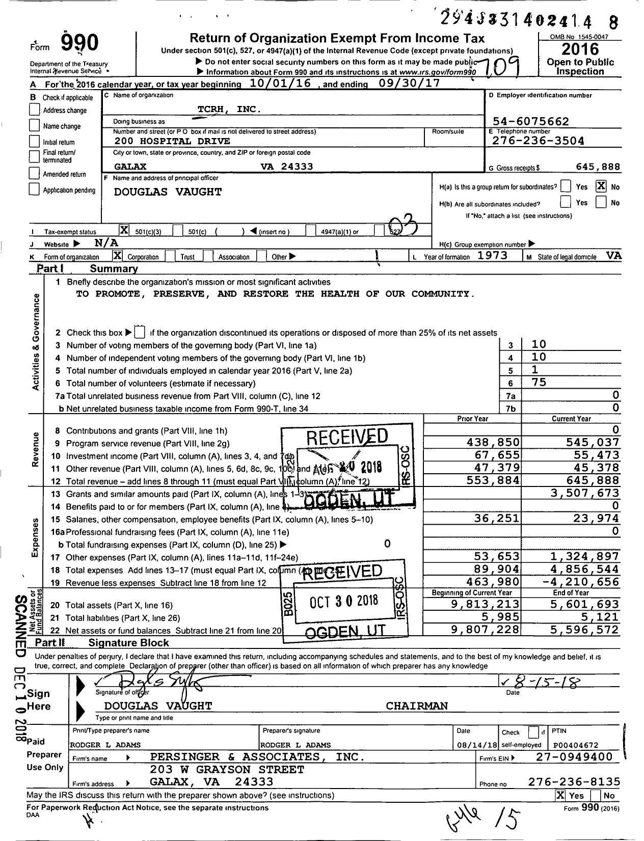 Image of first page of 2016 Form 990 for TCRH