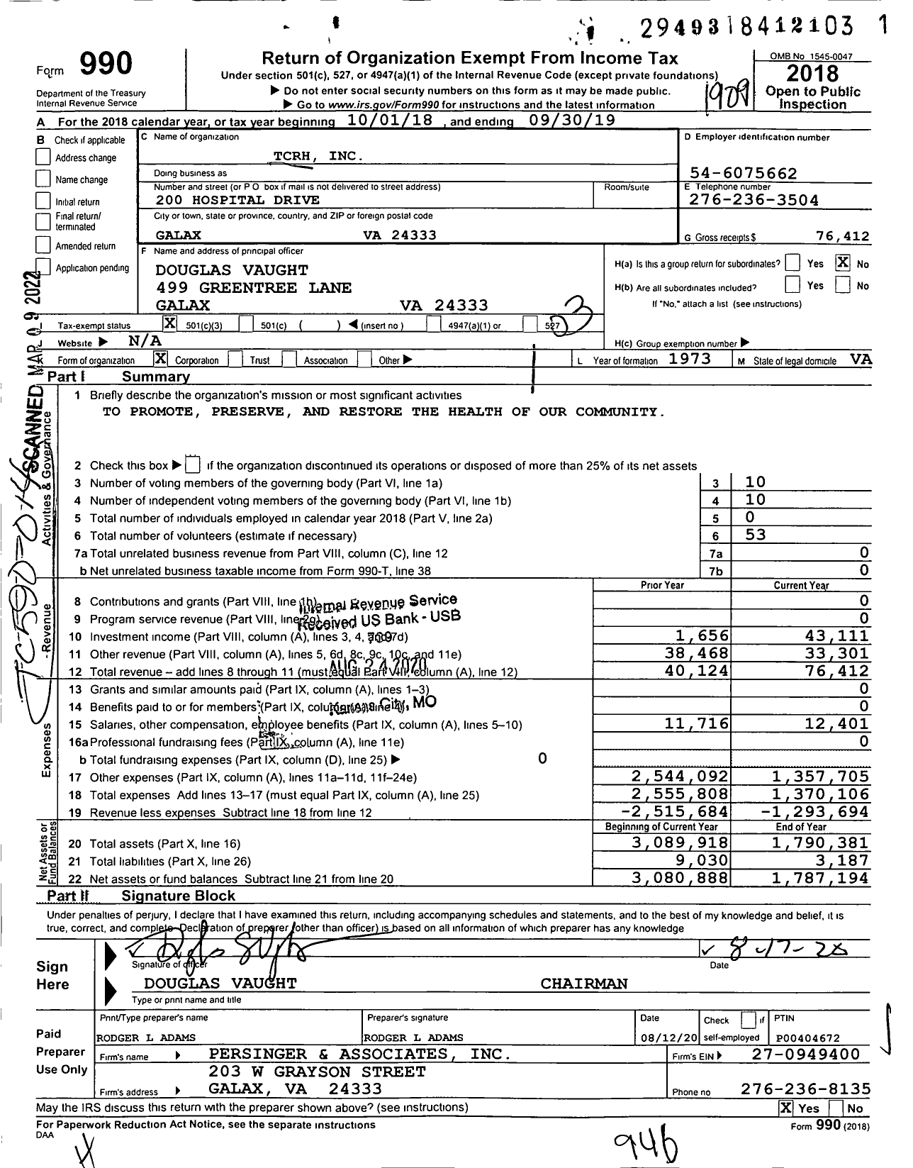Image of first page of 2018 Form 990 for TCRH