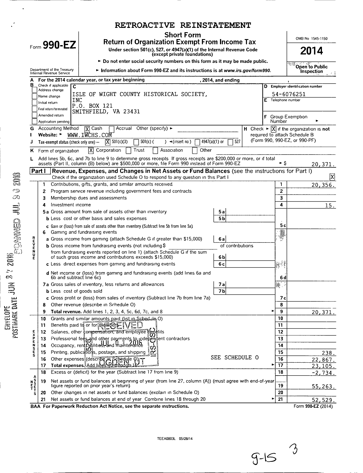 Image of first page of 2014 Form 990EZ for Isle of Wight County Historical Society