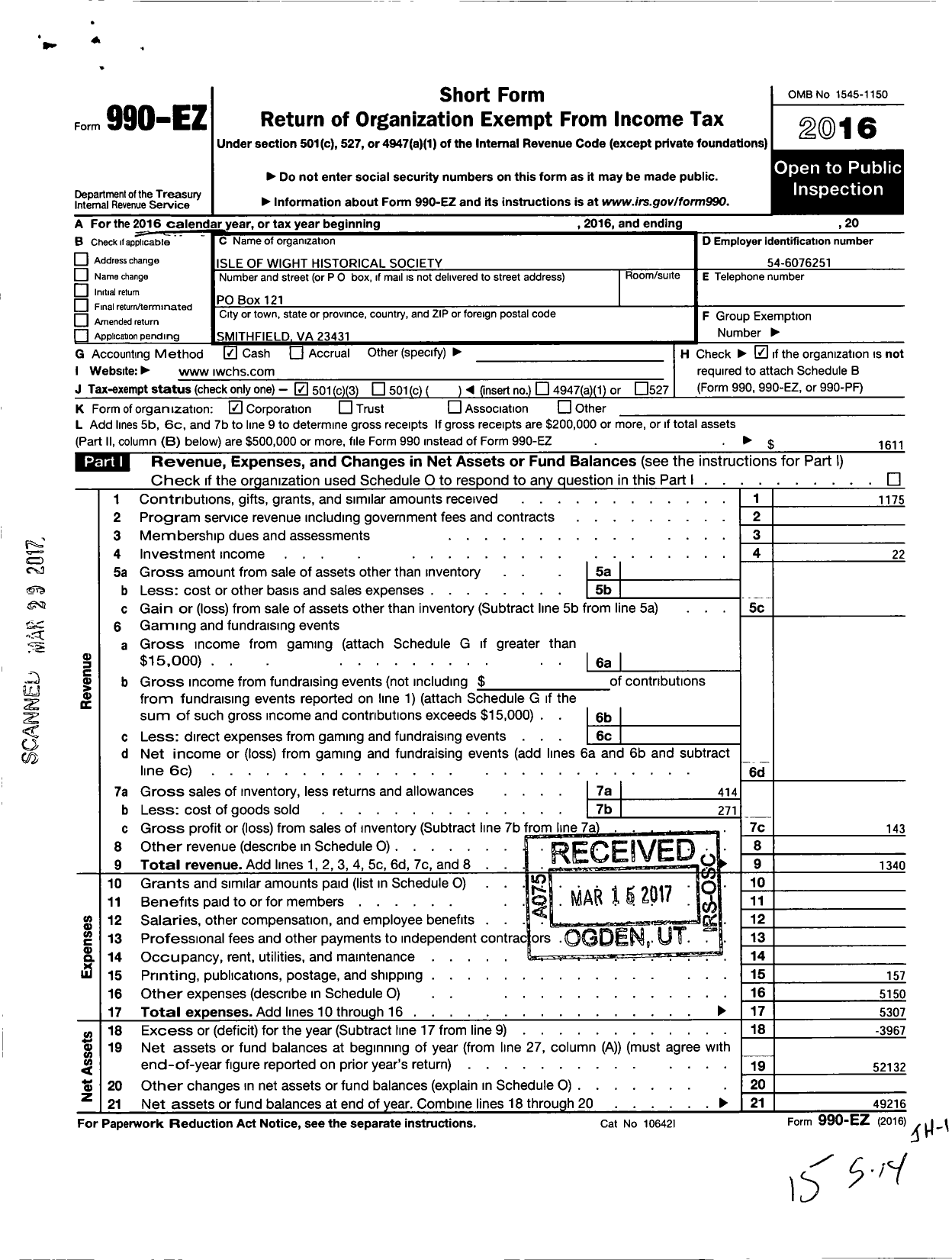 Image of first page of 2016 Form 990EZ for Isle of Wight County Historical Society