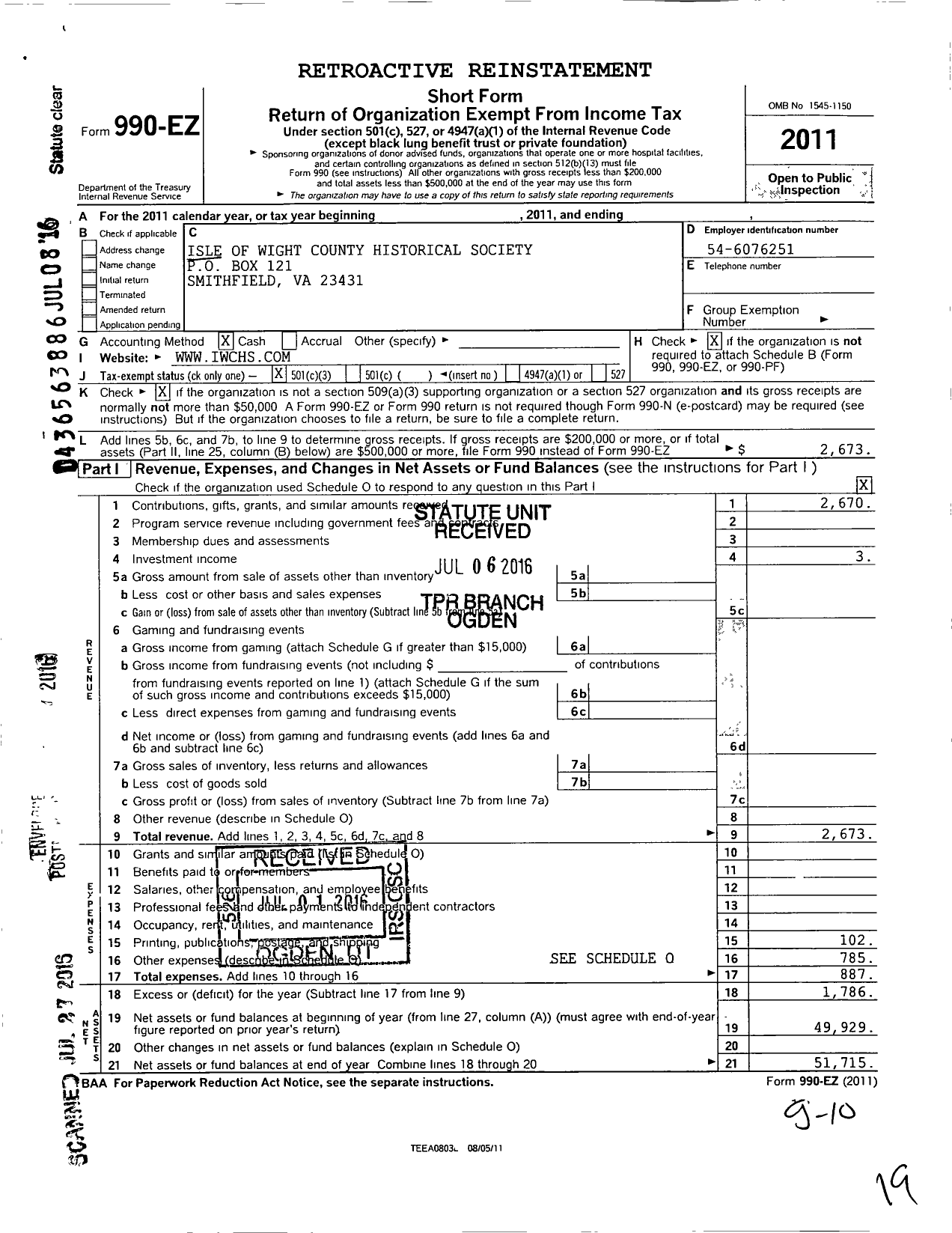 Image of first page of 2011 Form 990EZ for Isle of Wight County Historical Society