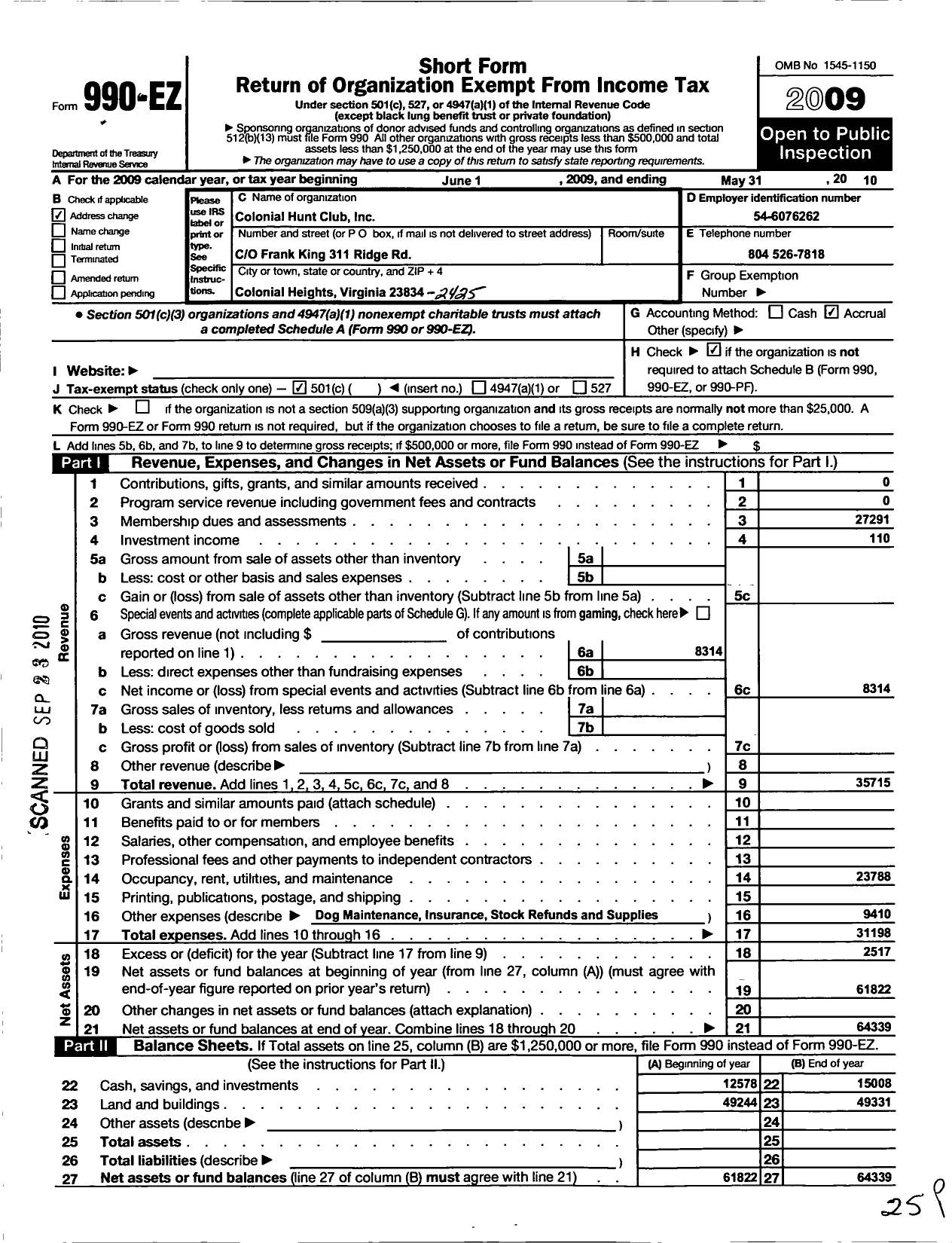 Image of first page of 2009 Form 990EO for The Colonial Hunt Club Incorporated