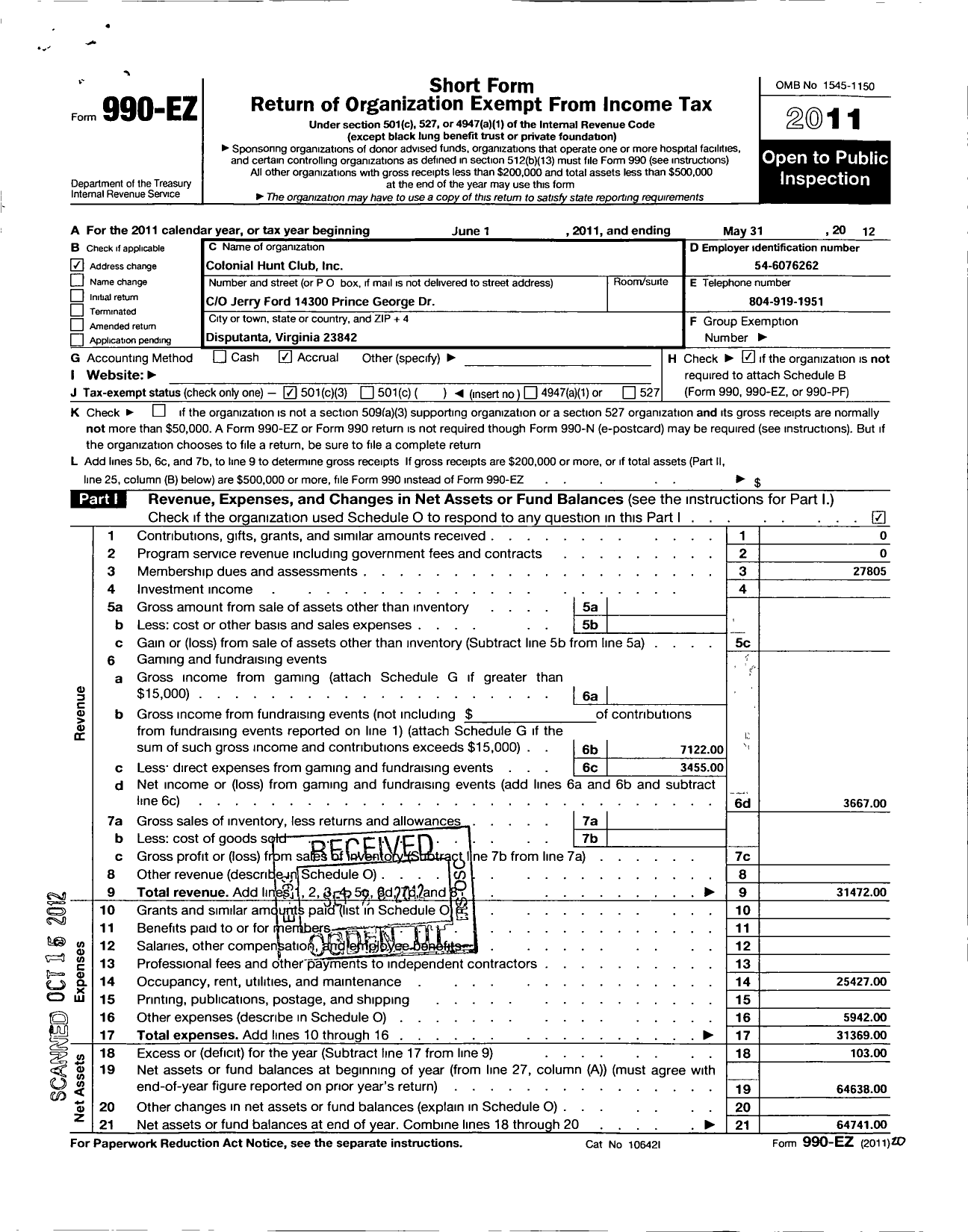 Image of first page of 2011 Form 990EZ for The Colonial Hunt Club Incorporated