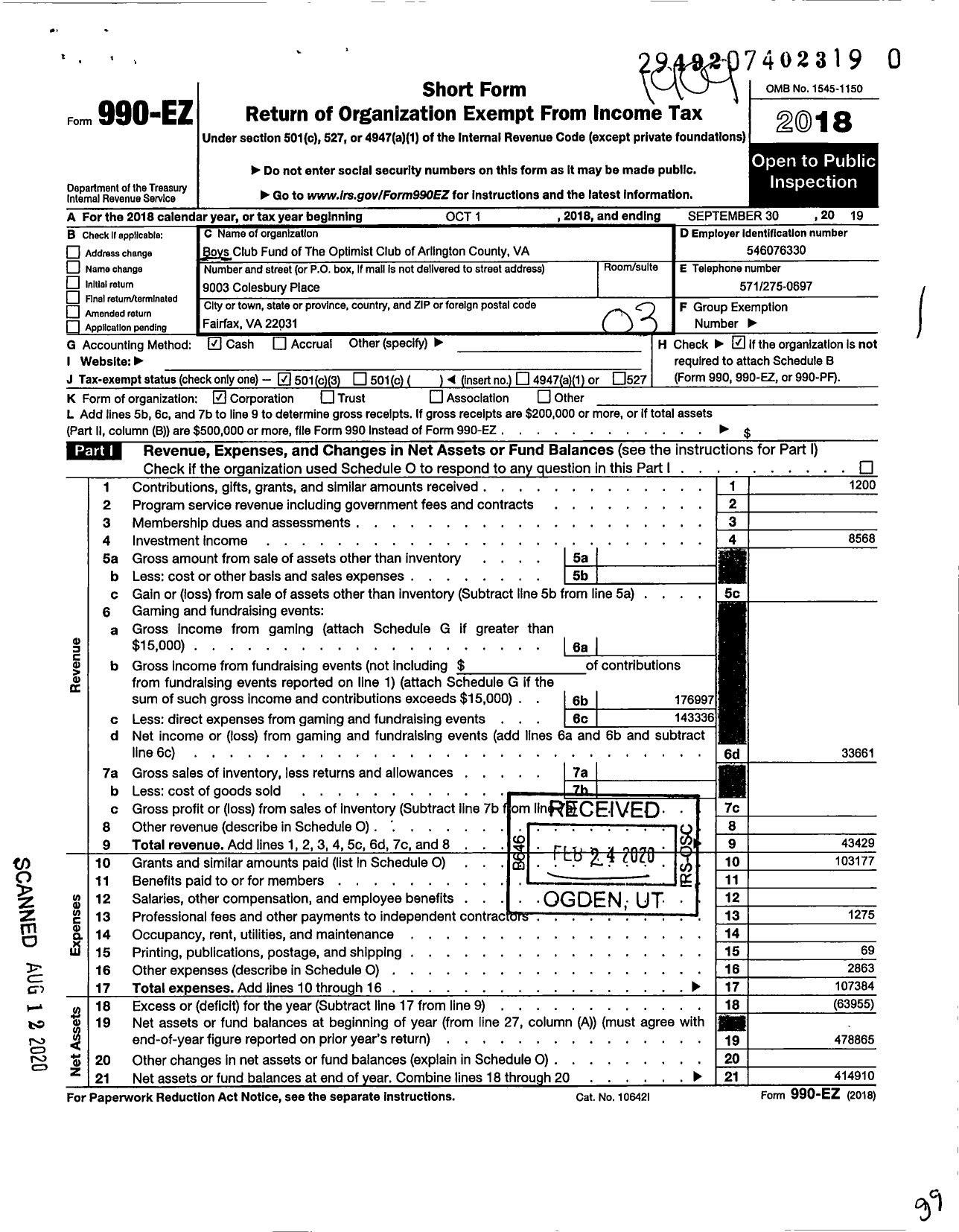 Image of first page of 2018 Form 990EZ for Boys Club Fund of the Optimist Club of Arlington County Va