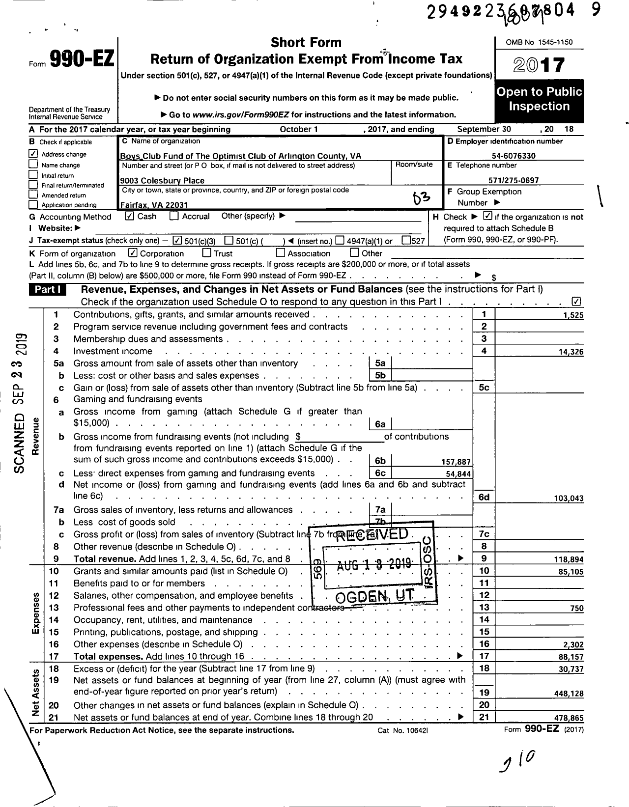 Image of first page of 2018 Form 990EZ for Boys Club Fund of the Optimist Club of Arlington County Va