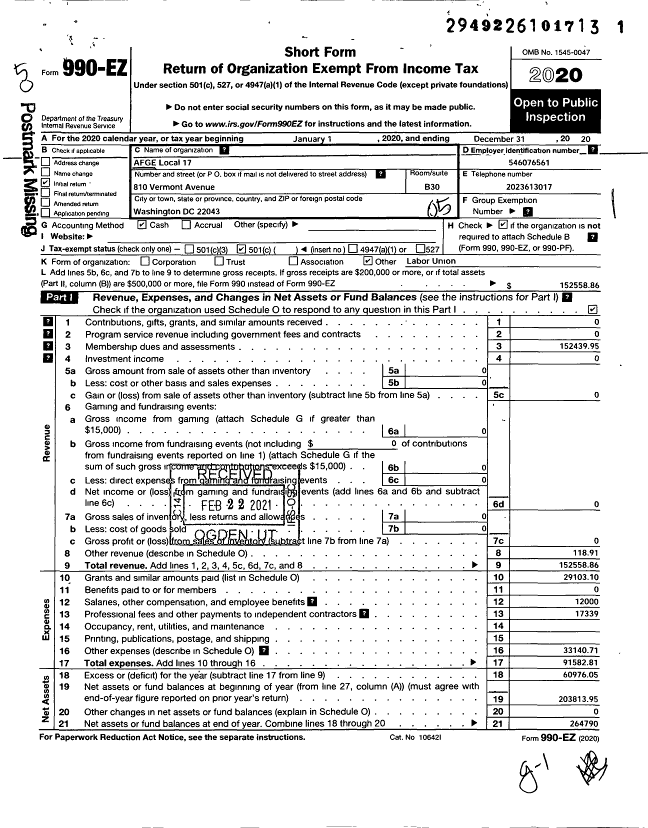 Image of first page of 2020 Form 990EO for AMERICAN FEDERATION OF GOVERNMENT EMPLOYEES - 0017 Afge Local