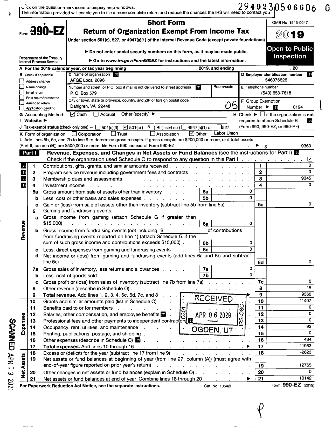 Image of first page of 2019 Form 990EO for American Federation of Government Employees - 2096 Afge Dod Local