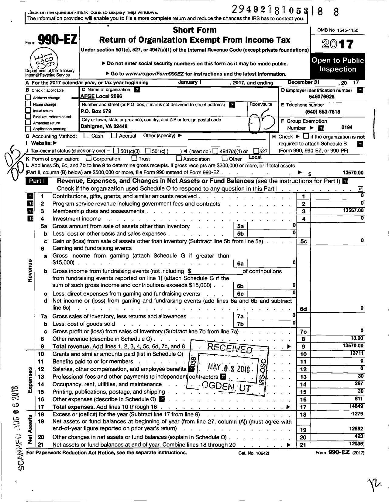 Image of first page of 2017 Form 990EO for American Federation of Government Employees - 2096 Afge Dod Local