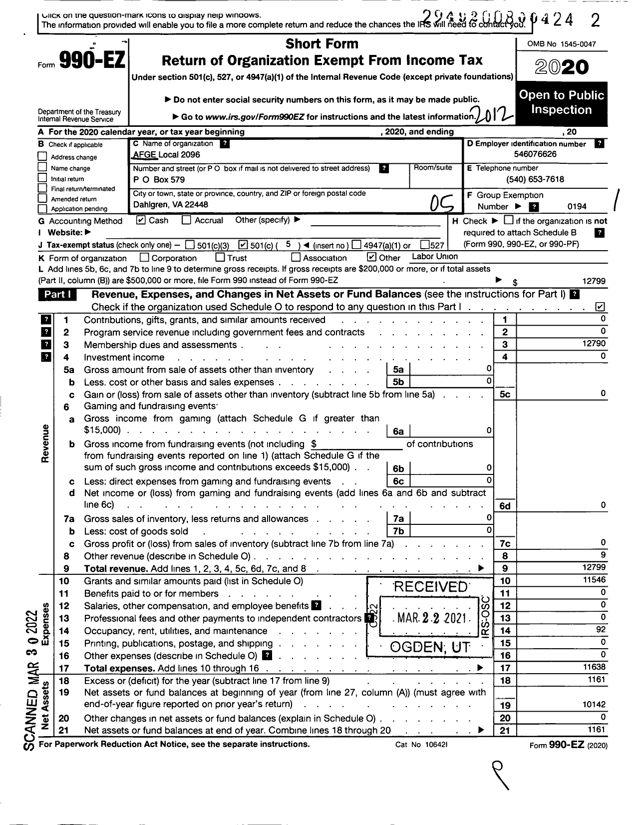 Image of first page of 2020 Form 990EO for American Federation of Government Employees - 2096 Afge Dod Local