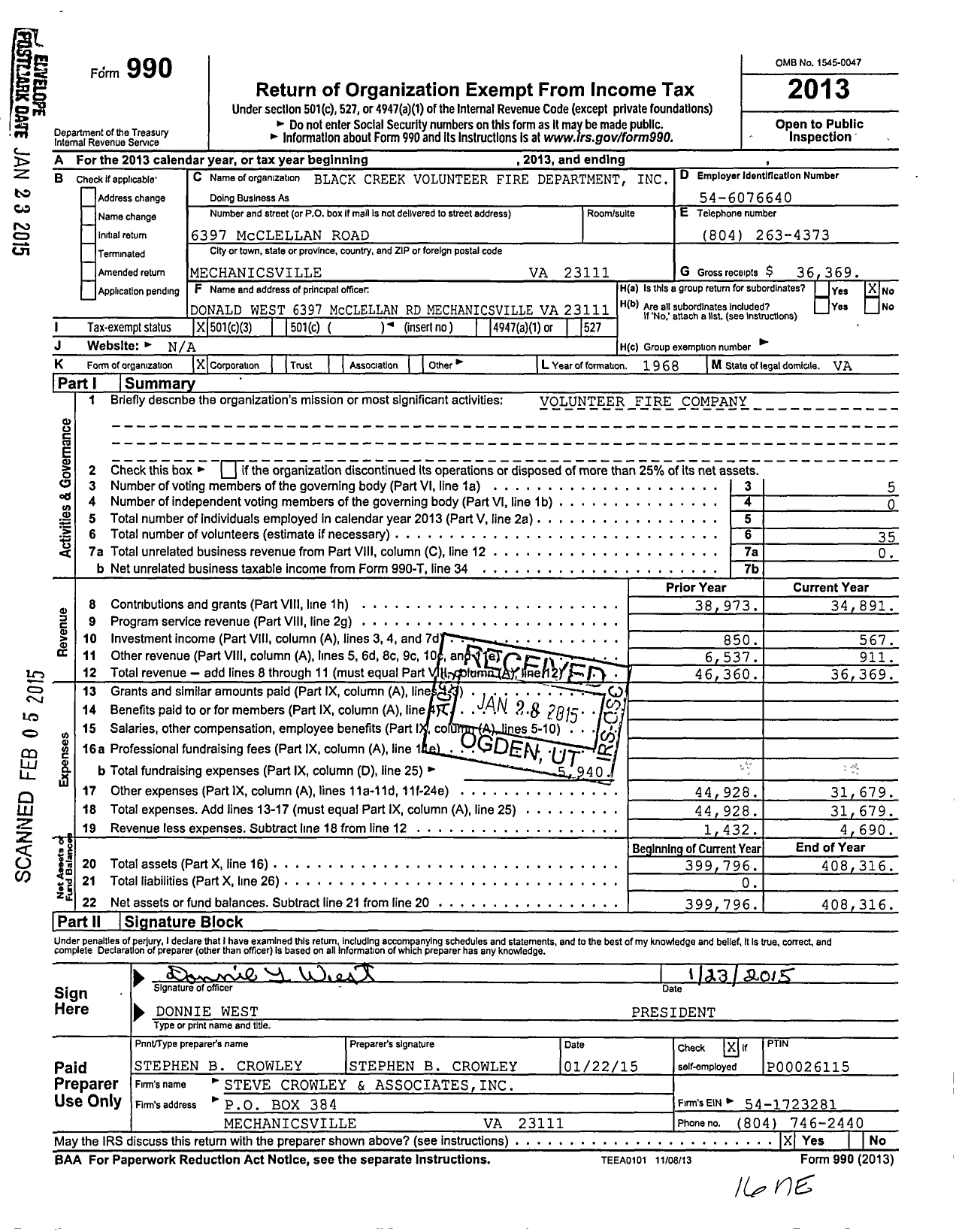 Image of first page of 2013 Form 990 for Black Creek Volunteer Fire Department