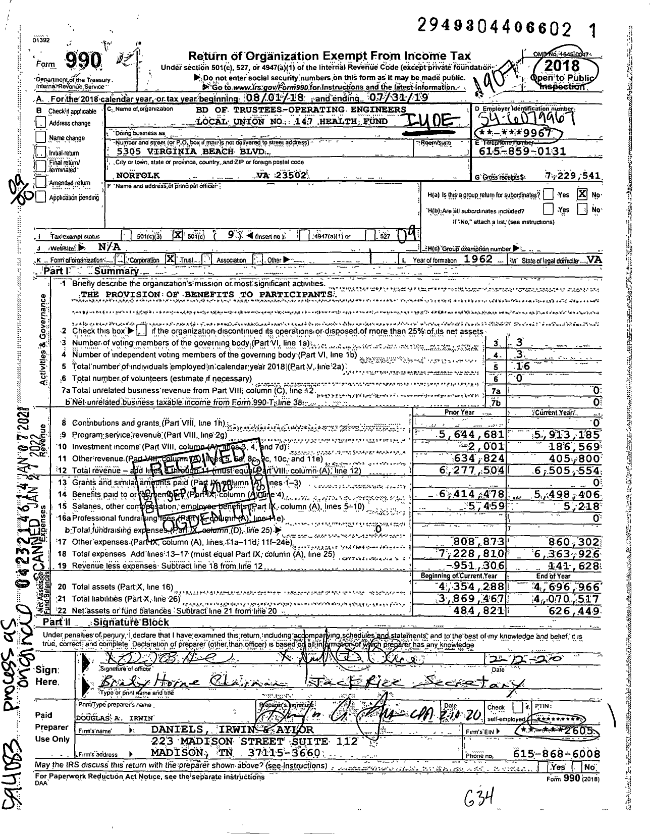 Image of first page of 2018 Form 990O for BD of Trustees-Operating Engineers Local Union No 147 Health Fund