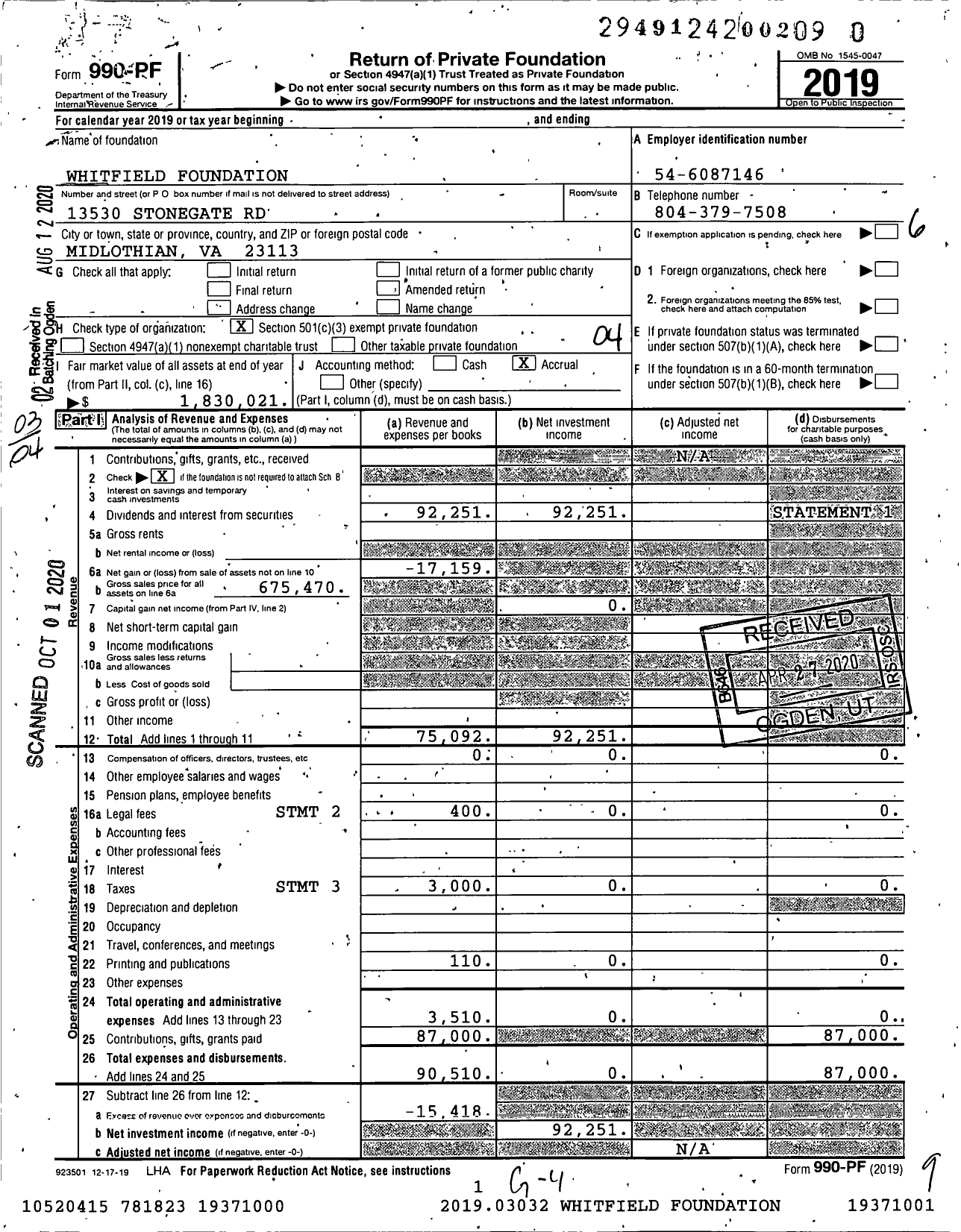 Image of first page of 2019 Form 990PR for Whitfield Foundation