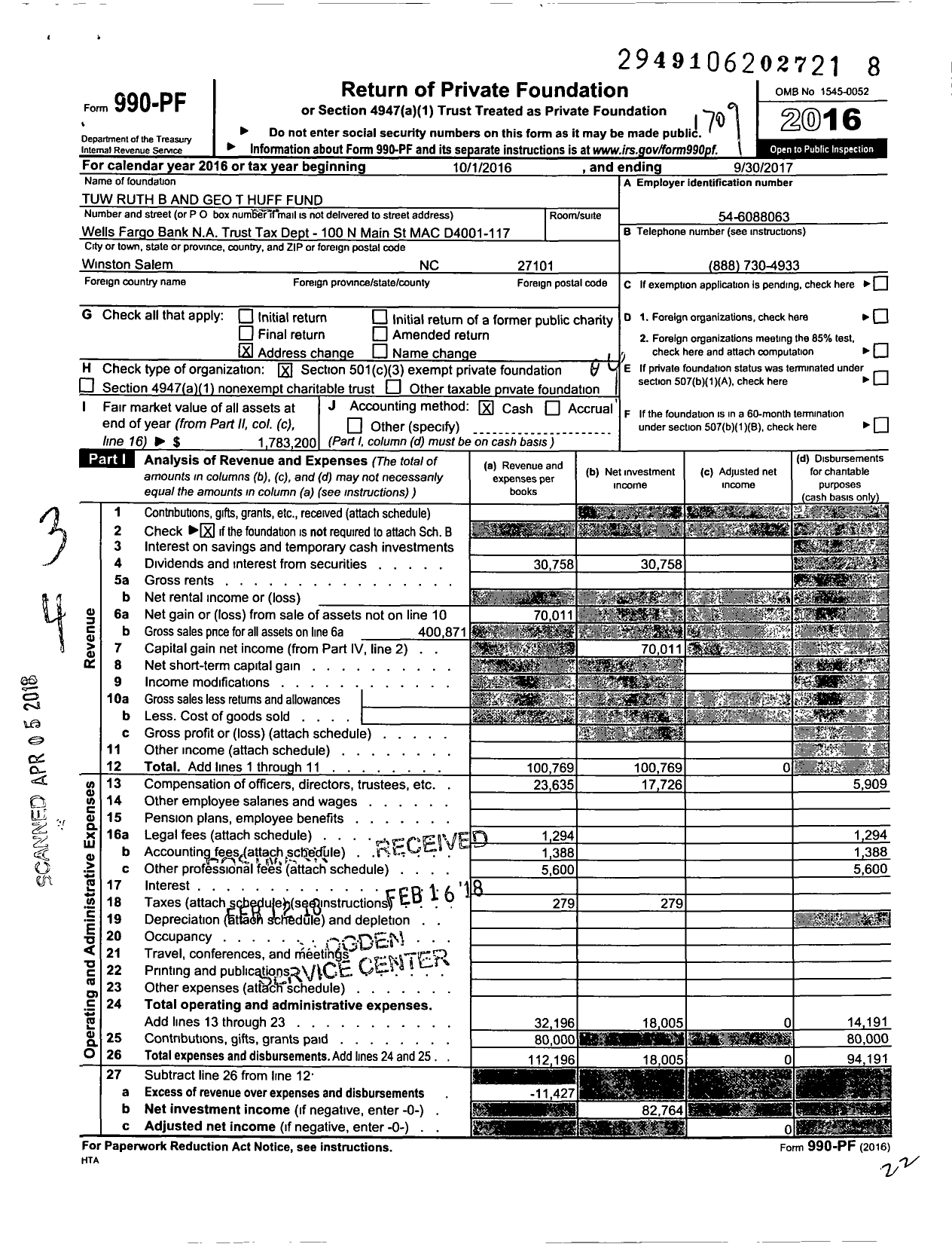 Image of first page of 2016 Form 990PF for Tuw Ruth B and Geo T Huff Fund