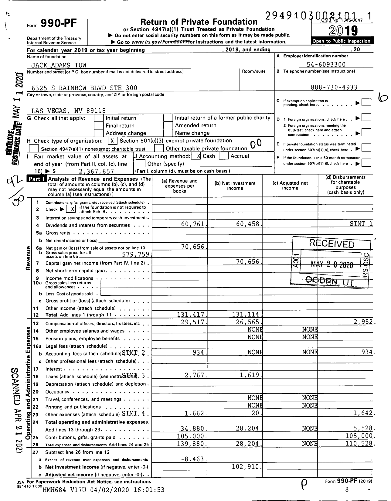 Image of first page of 2019 Form 990PF for Jack Adams Tuw