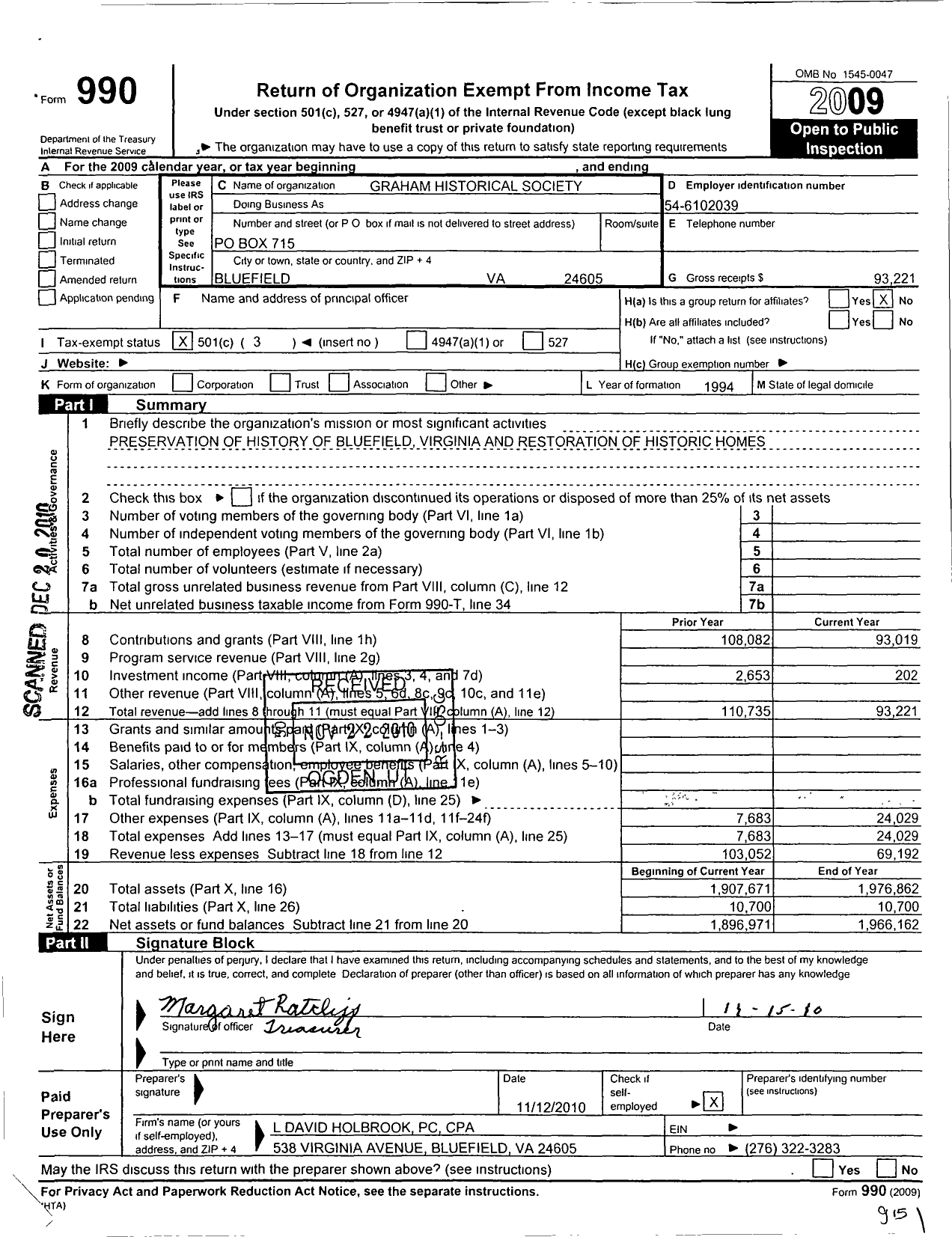 Image of first page of 2009 Form 990 for Graham Historical Society