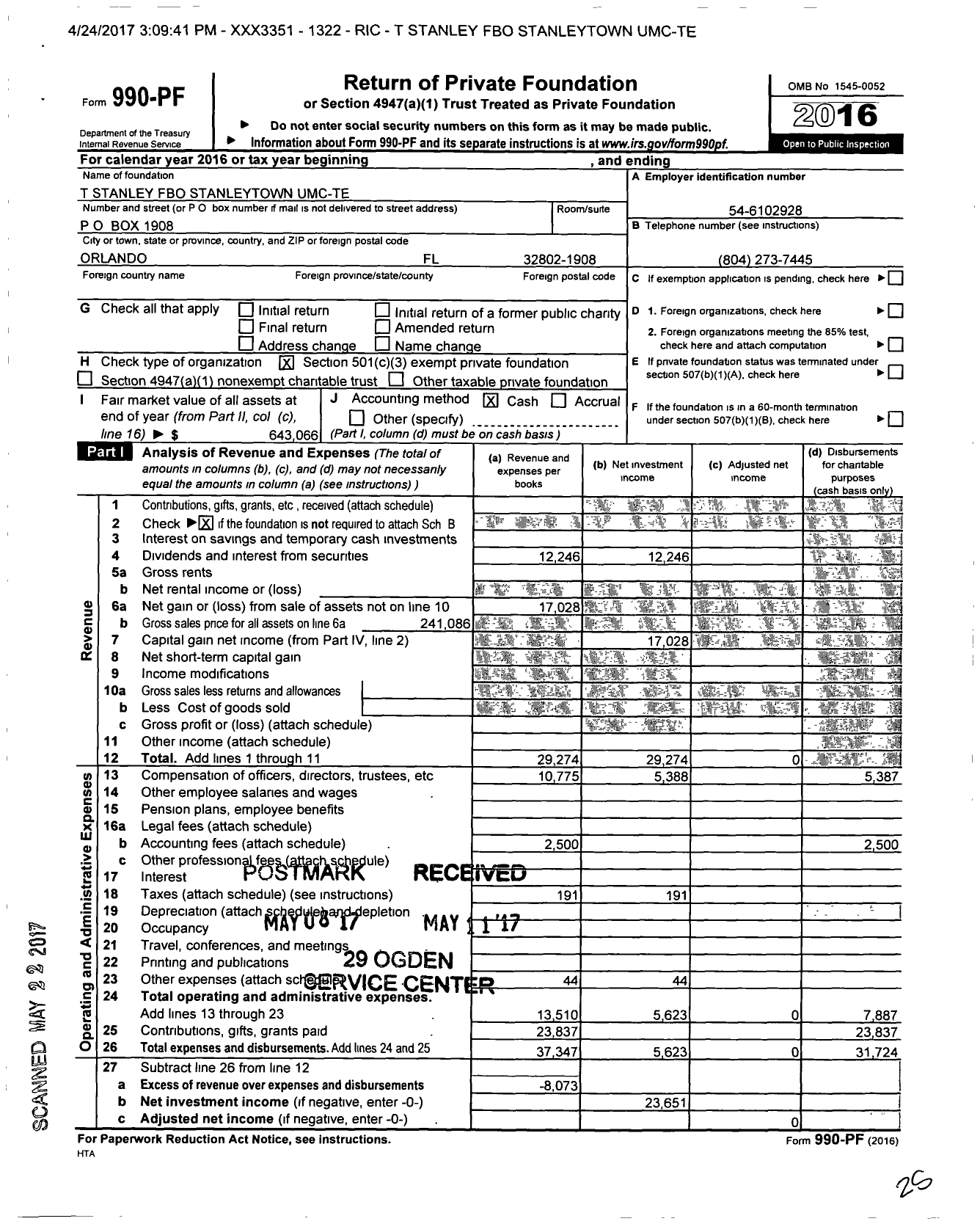 Image of first page of 2016 Form 990PF for T Stanley Fbo Stanleytown Umc-Te