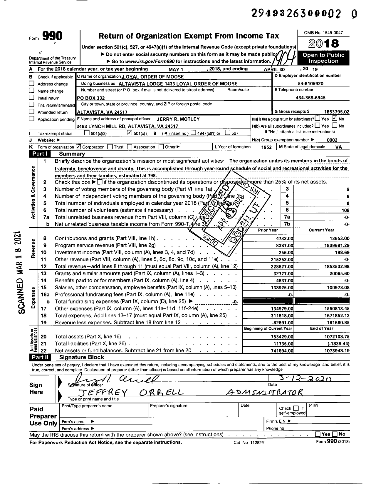 Image of first page of 2018 Form 990O for Loyal Order of Moose