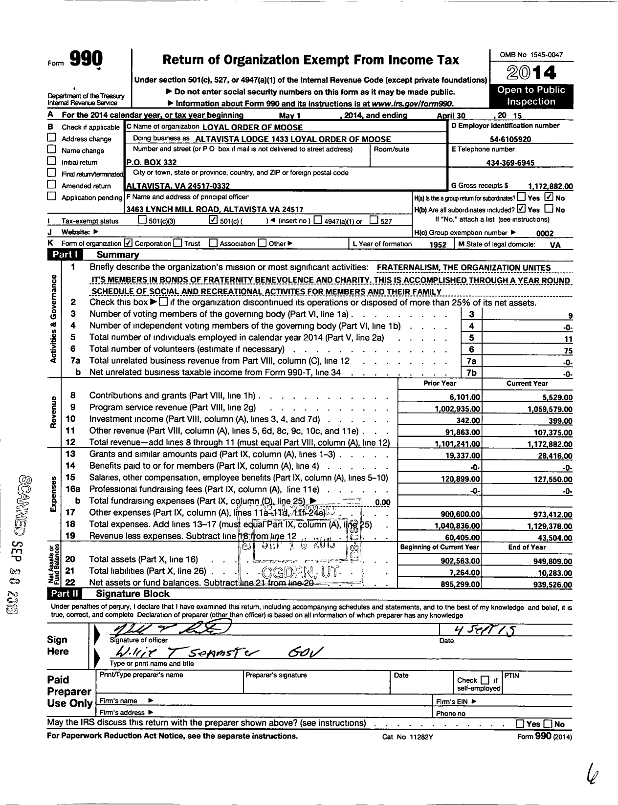 Image of first page of 2014 Form 990O for Loyal Order of Moose