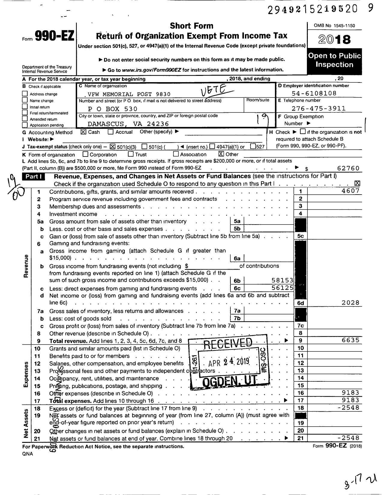 Image of first page of 2018 Form 990EO for VFW Virginia - 9830 Damascus