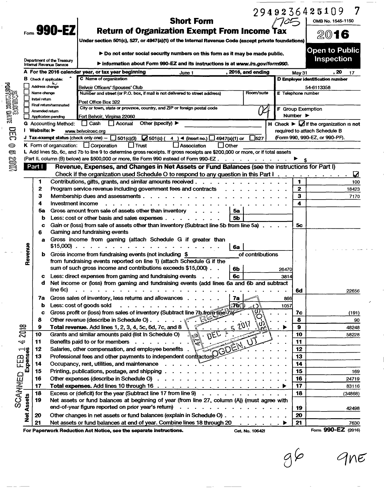 Image of first page of 2016 Form 990EO for Belvoir Spouses Club