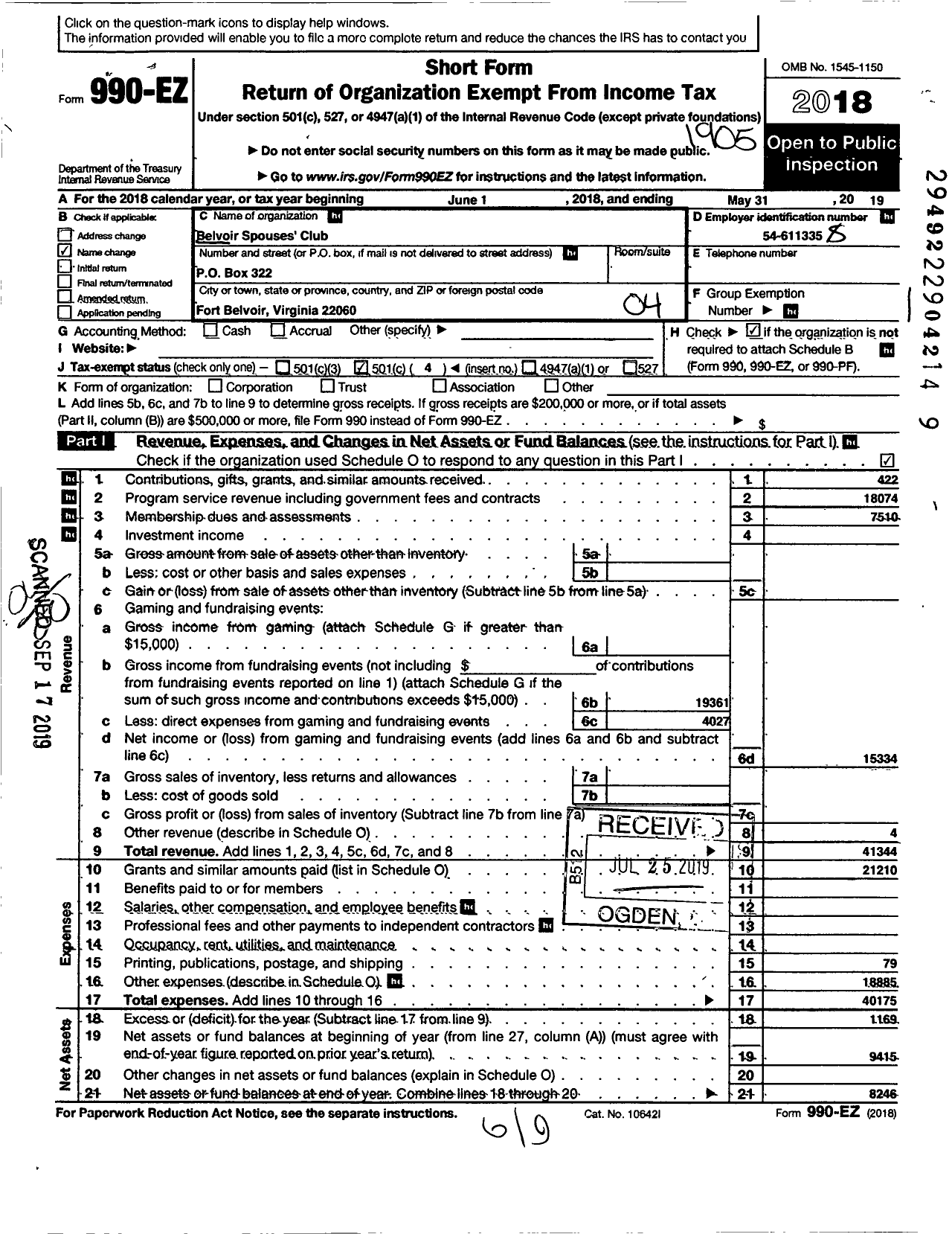 Image of first page of 2018 Form 990EO for Belvoir Spouses Club