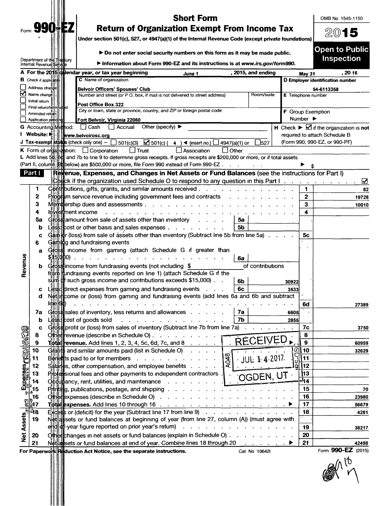 Image of first page of 2015 Form 990EO for Belvoir Spouses Club