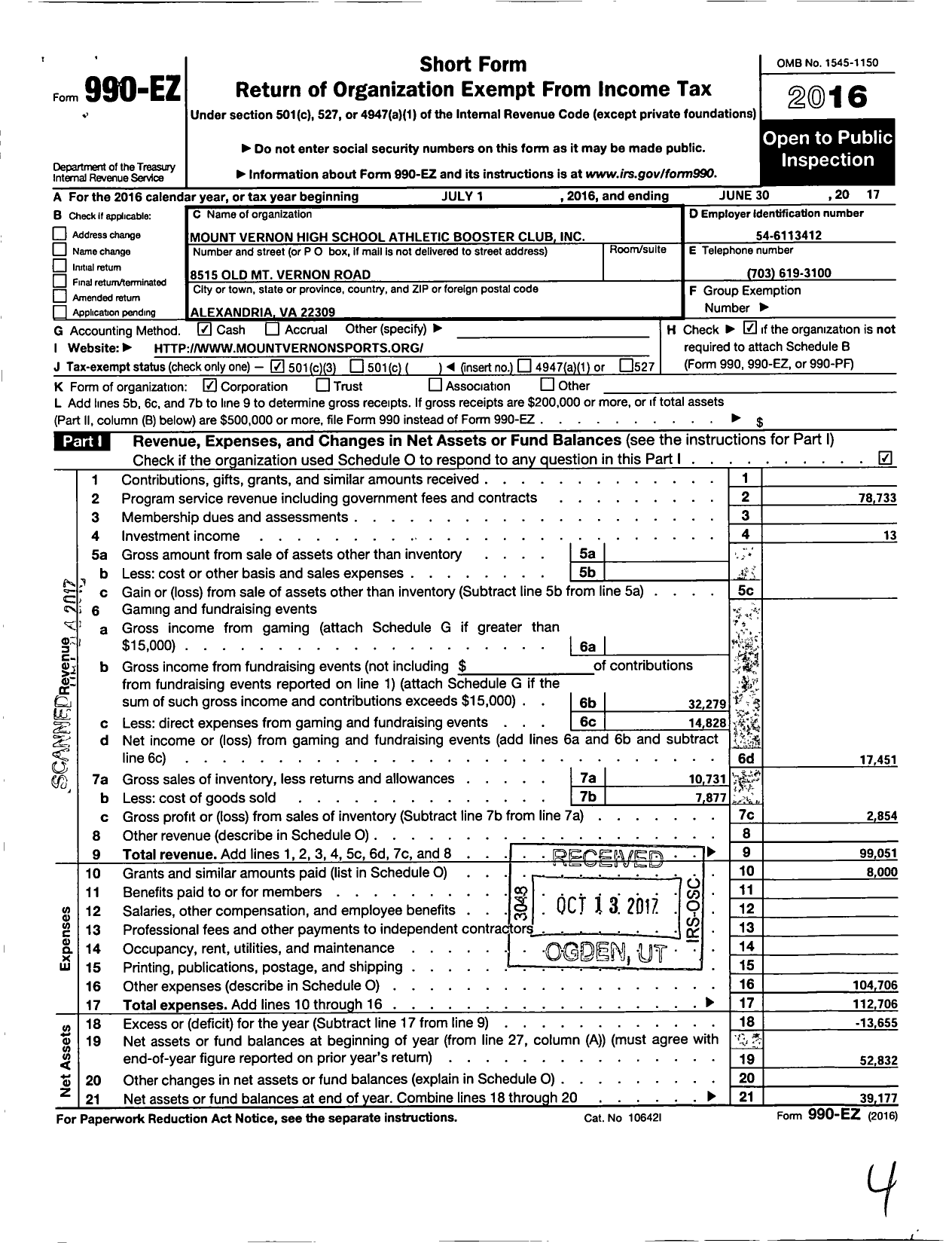 Image of first page of 2016 Form 990EZ for Mount Vernon High School Athletic Booster Club