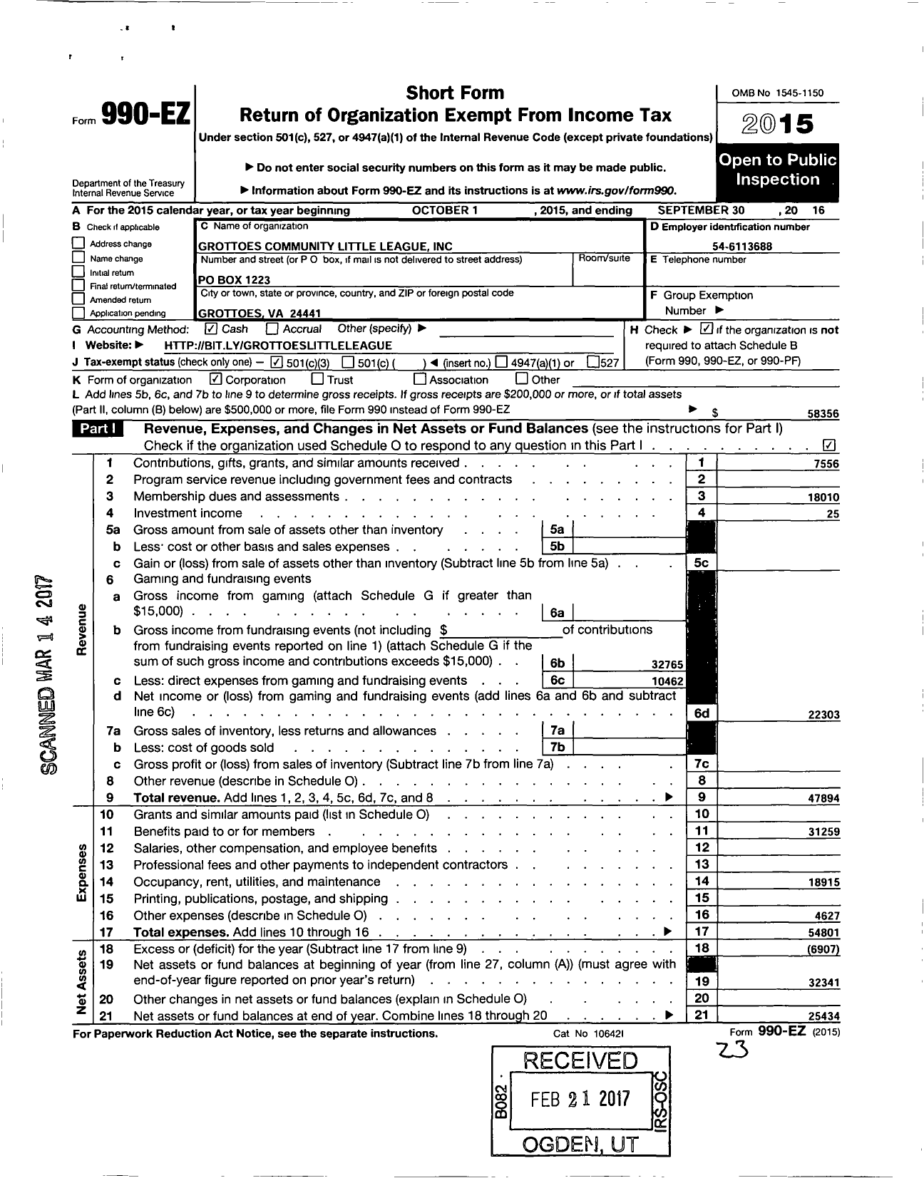 Image of first page of 2015 Form 990EZ for Little League Baseball - 3460310 Grottoes Community LL