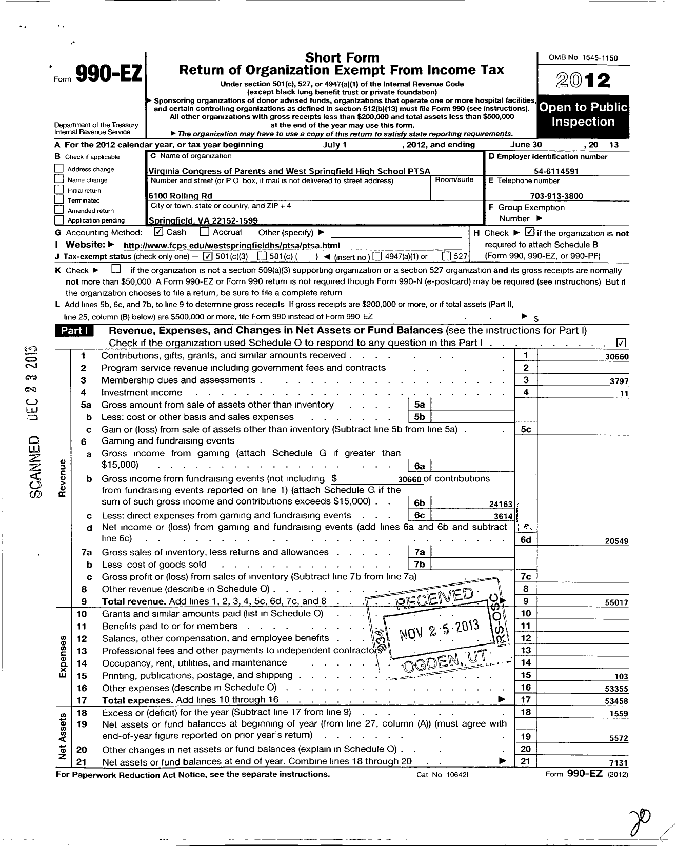 Image of first page of 2012 Form 990EZ for Virginia Congress of Parents and Teachers / West Springfield High Ptsa