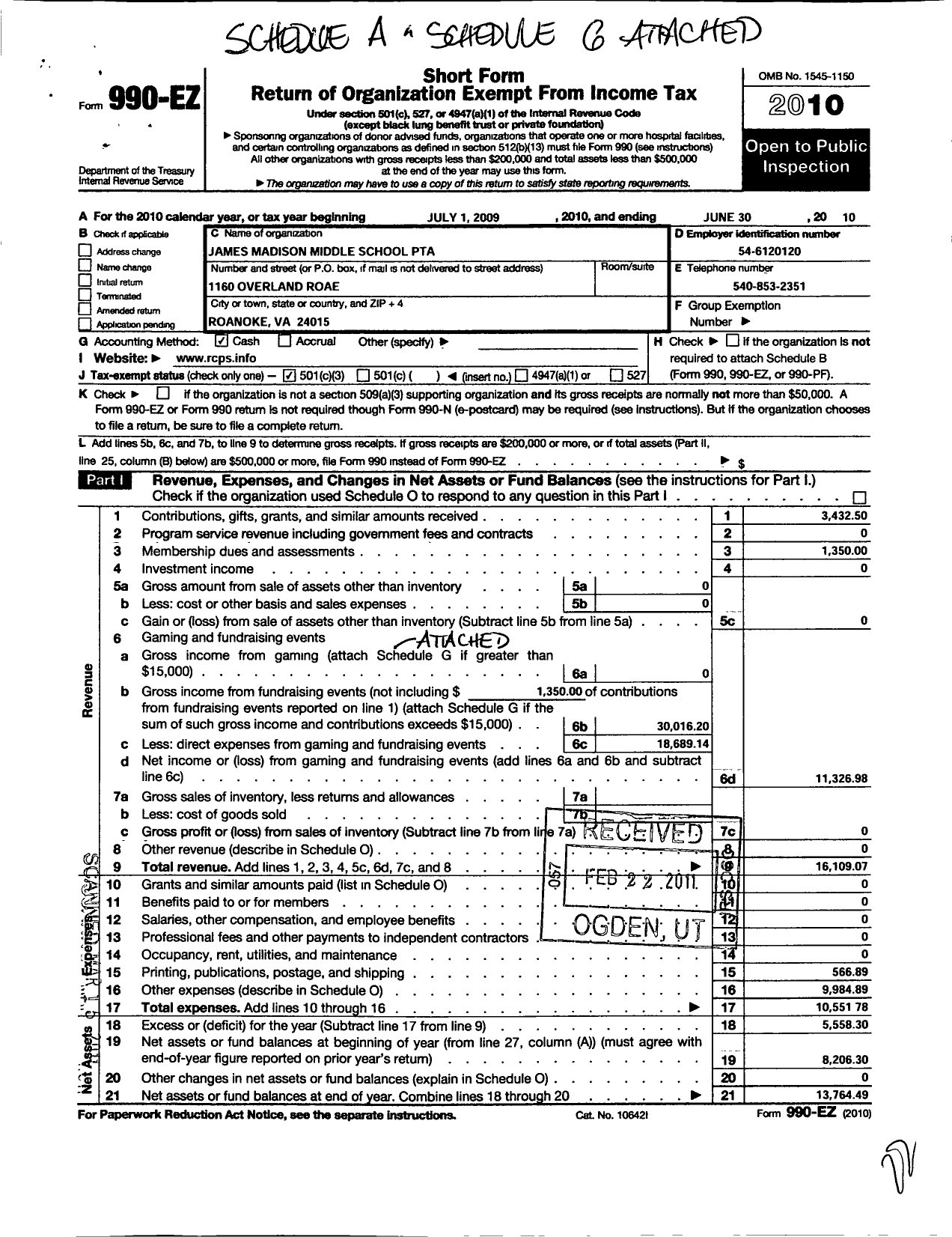 Image of first page of 2009 Form 990EZ for Virginia PTA - James Madison Middle PTA