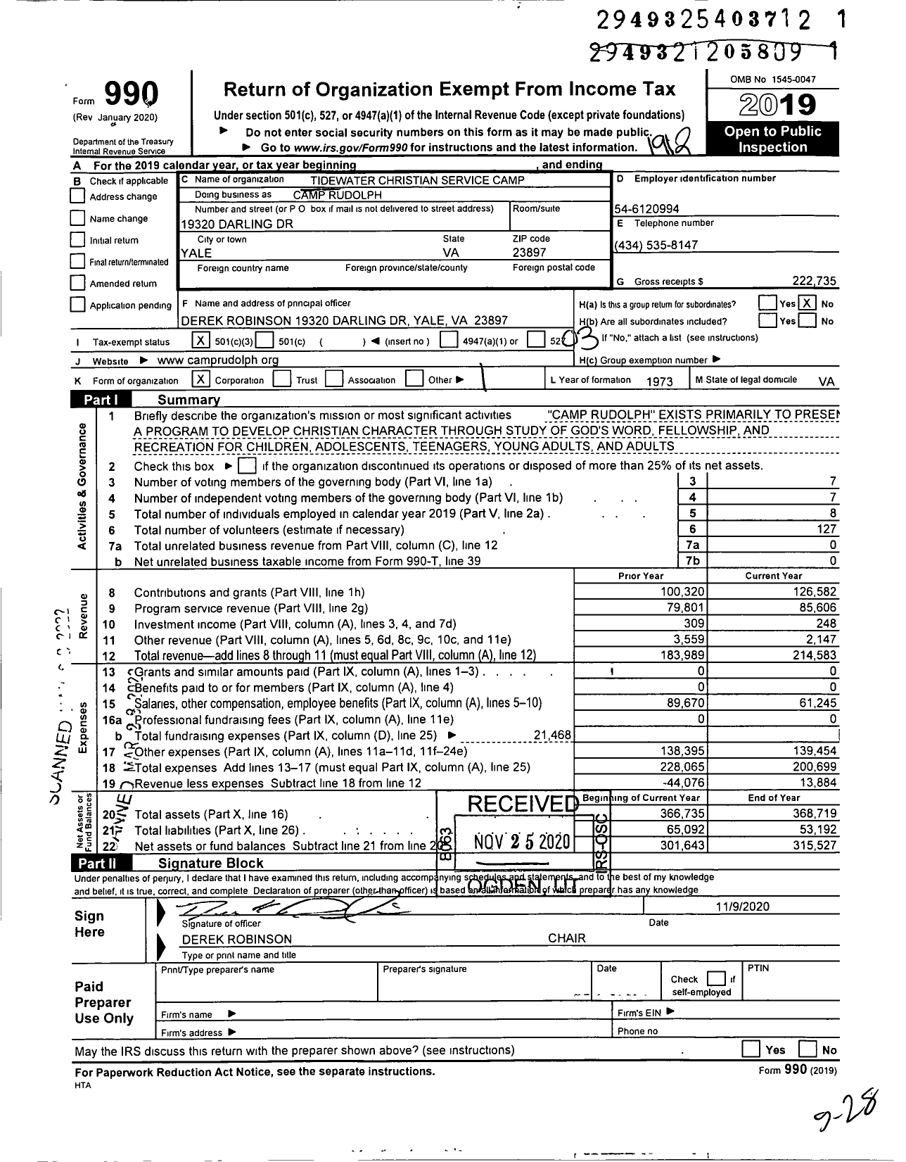 Image of first page of 2019 Form 990 for Camp Rudolph