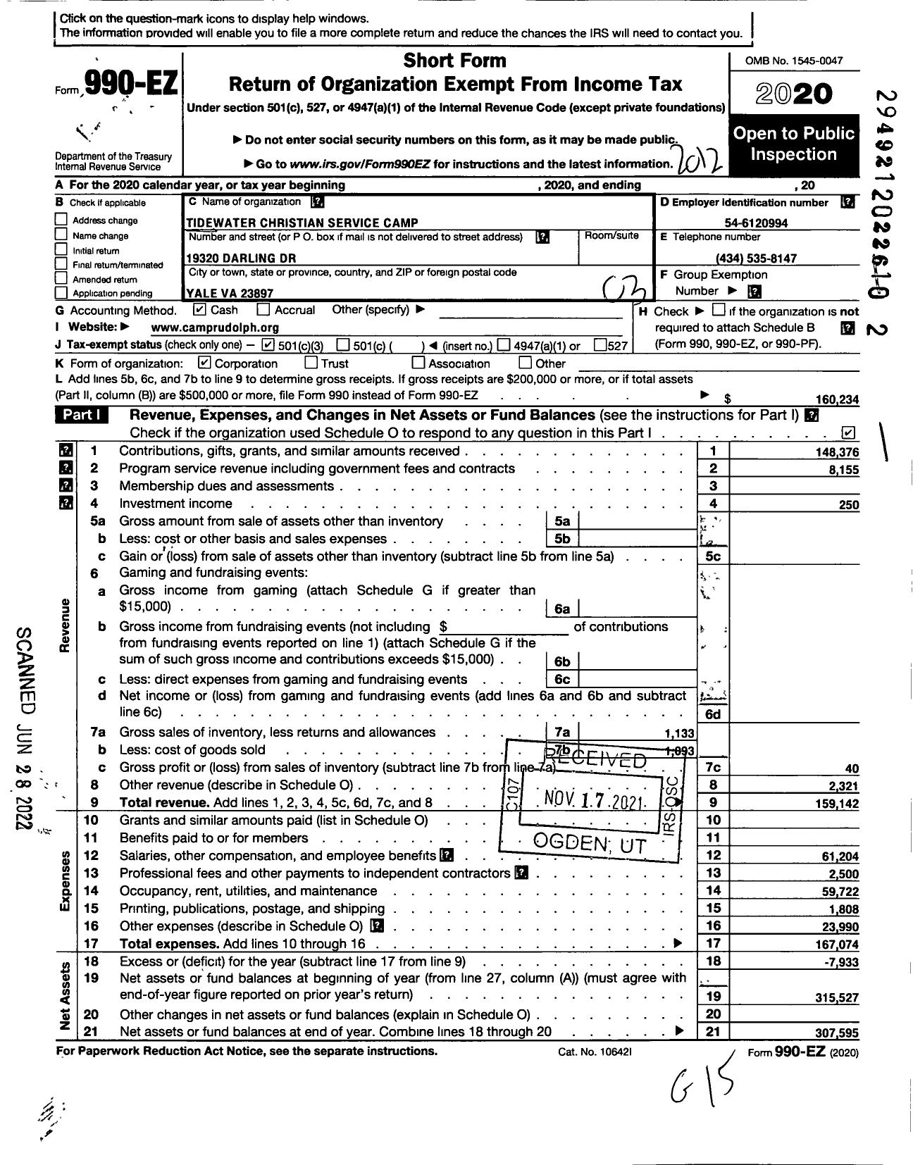 Image of first page of 2020 Form 990EZ for Camp Rudolph