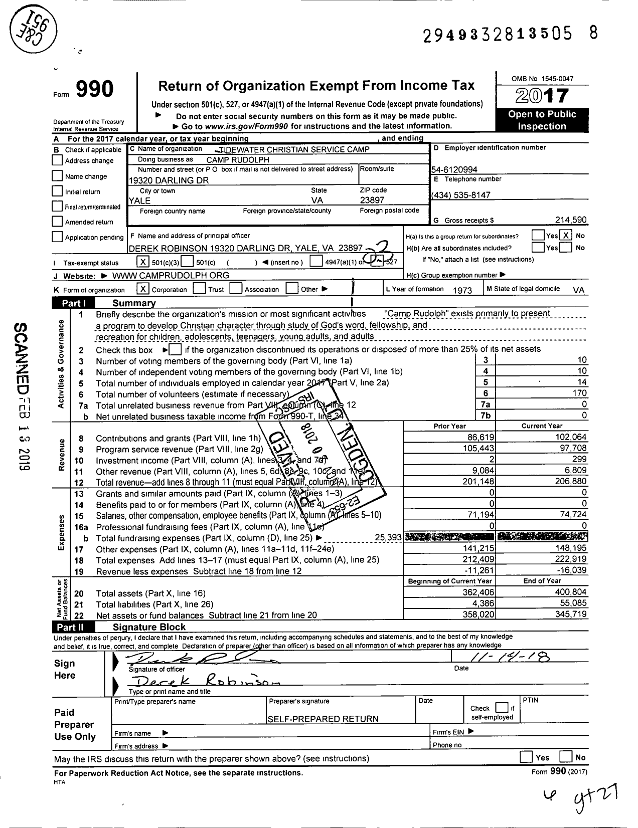 Image of first page of 2017 Form 990 for Camp Rudolph