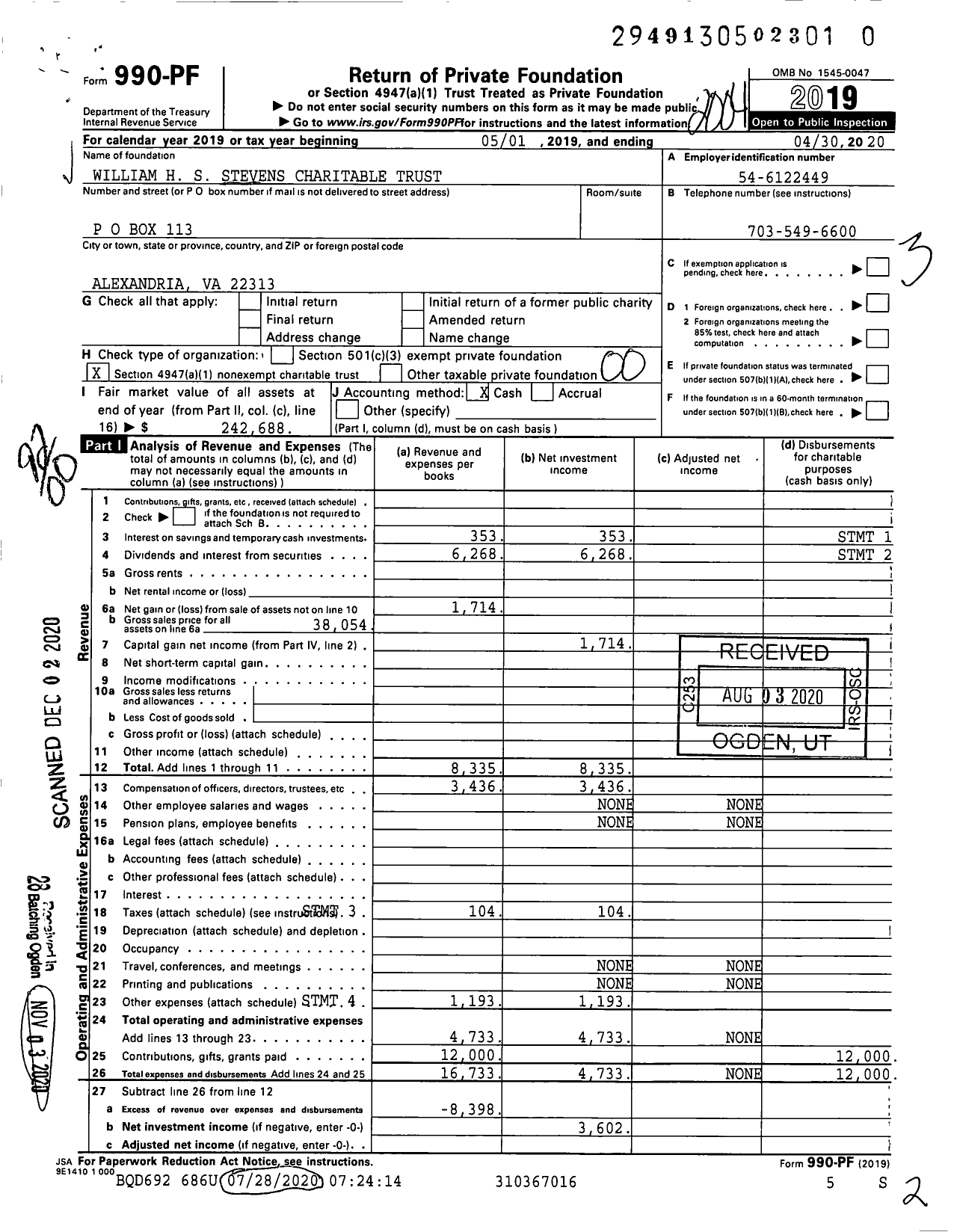 Image of first page of 2019 Form 990PF for William H S Stevens Charitable Trust